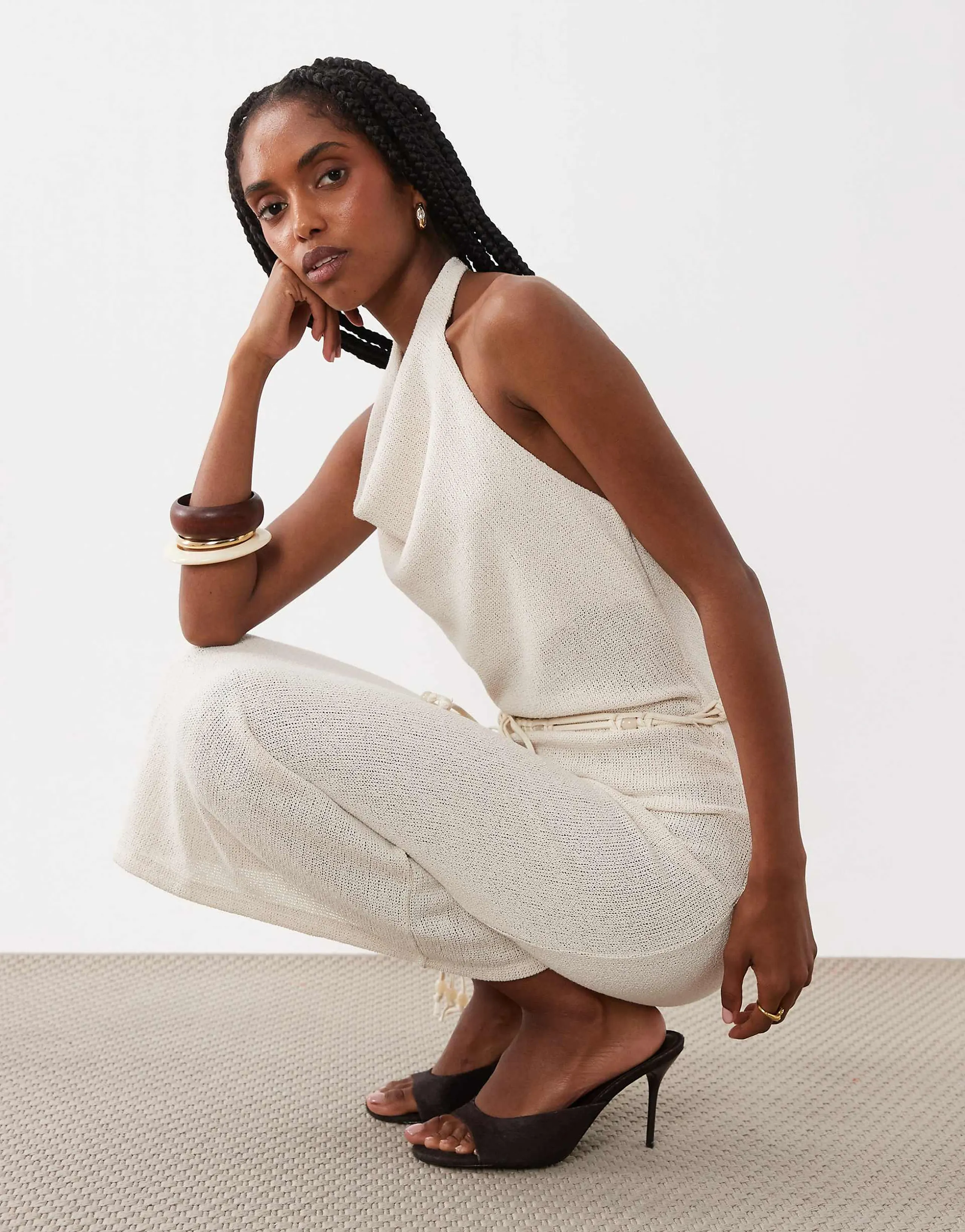 Mango knit belted halterneck maxi dress in cream