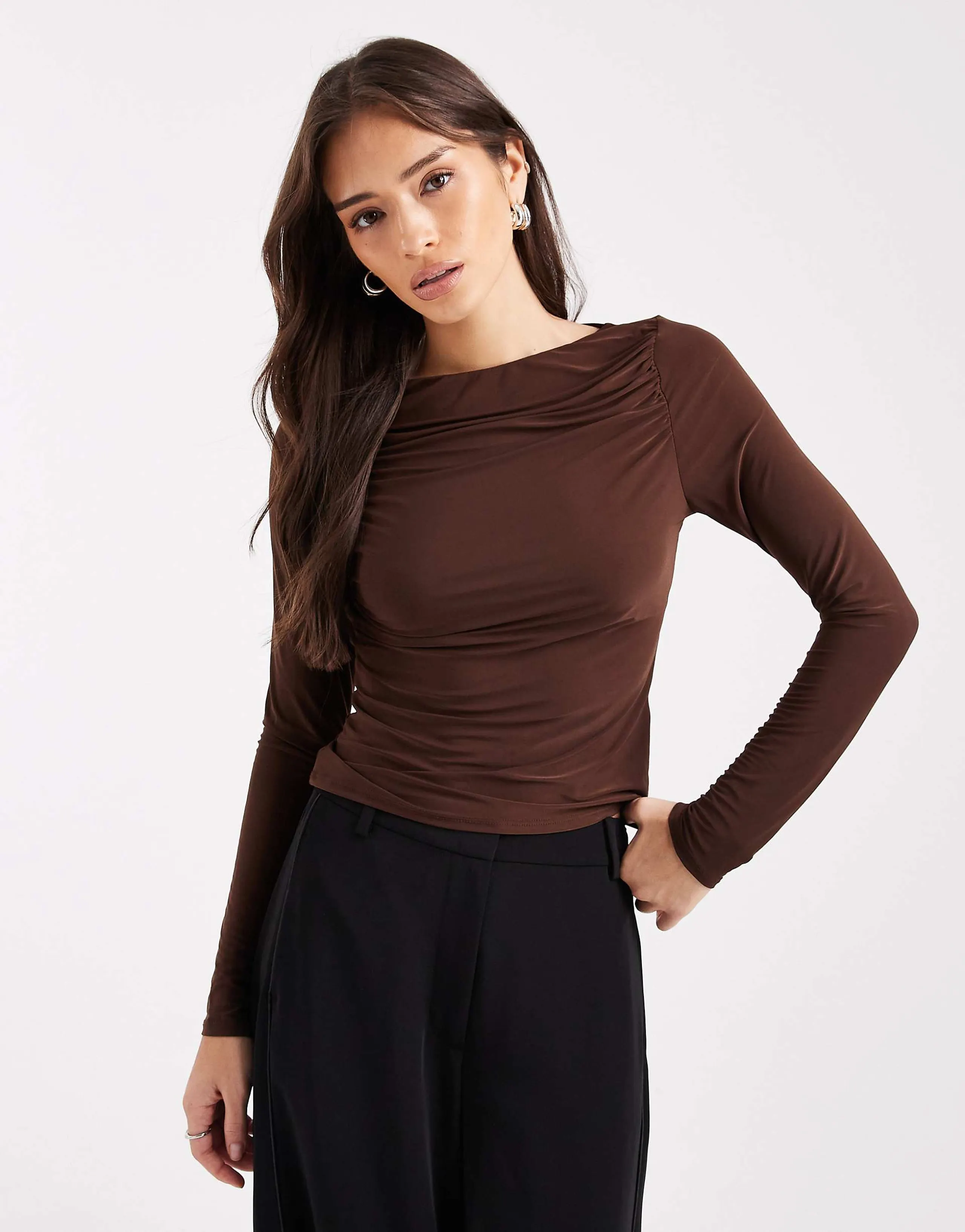 ASOS DESIGN slinky long sleeve top with ruched boat neck in chocolate