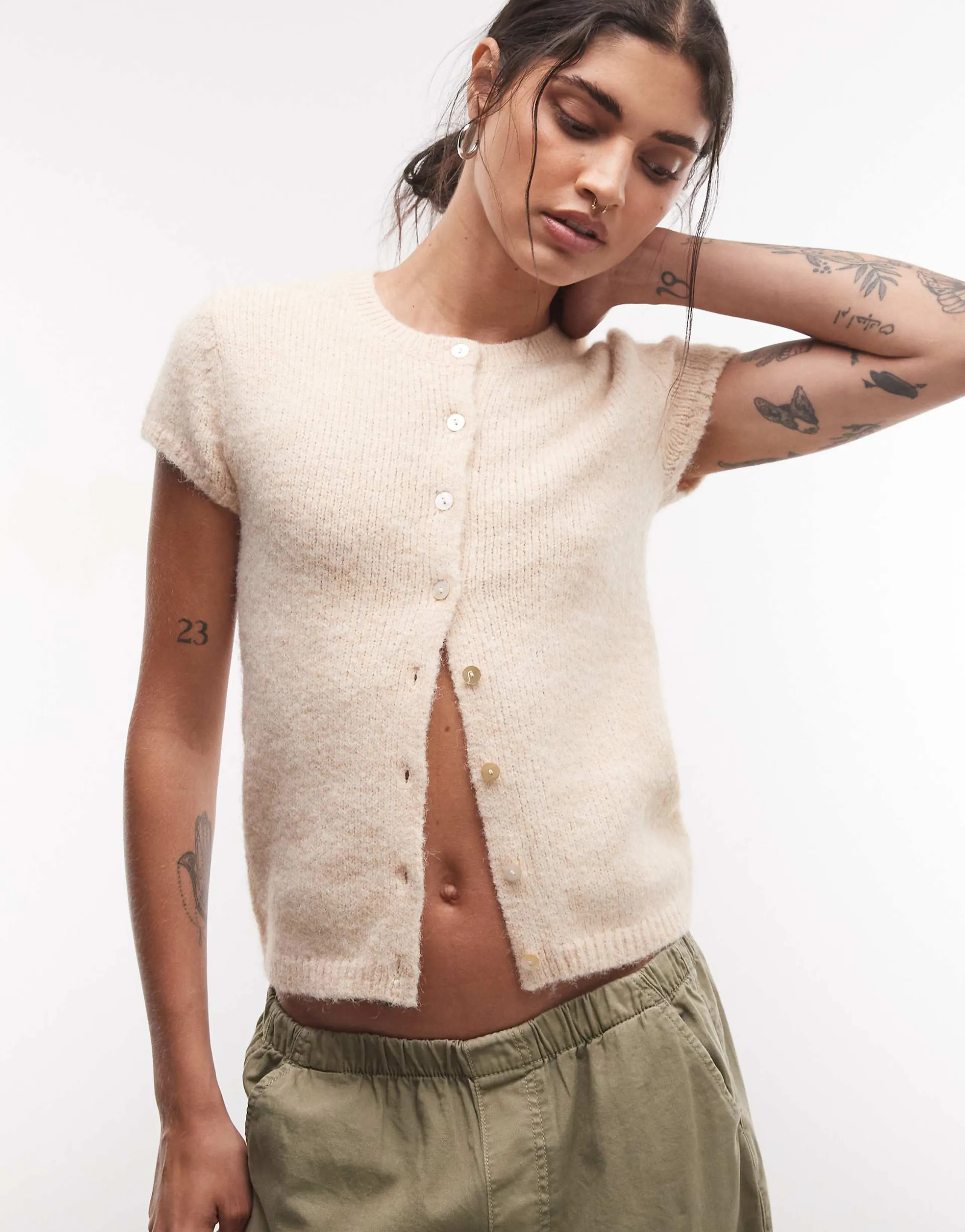 Monki short sleeve knit cardigan top in beige