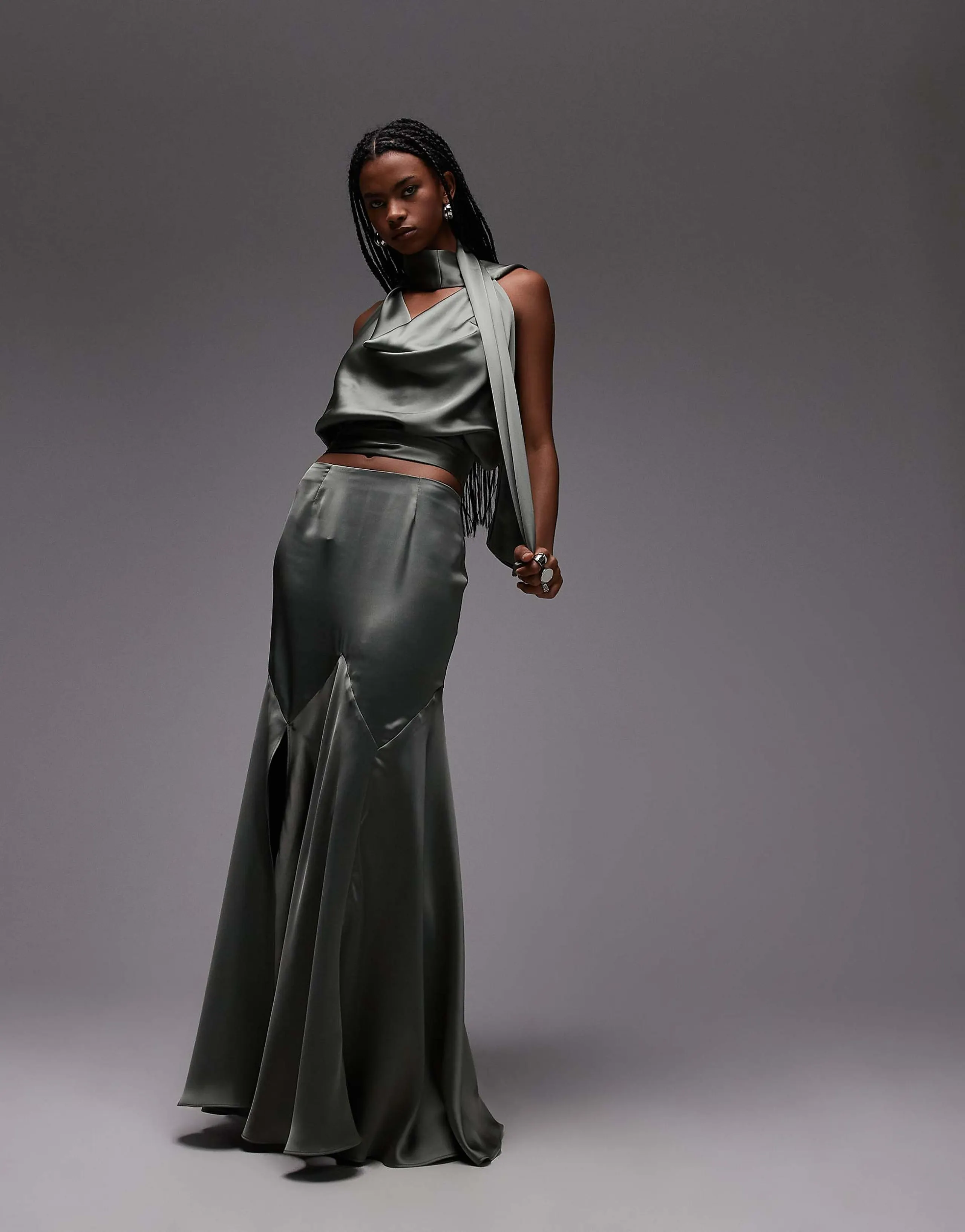 ASOS DESIGN satin panel bias maxi skirt in khaki