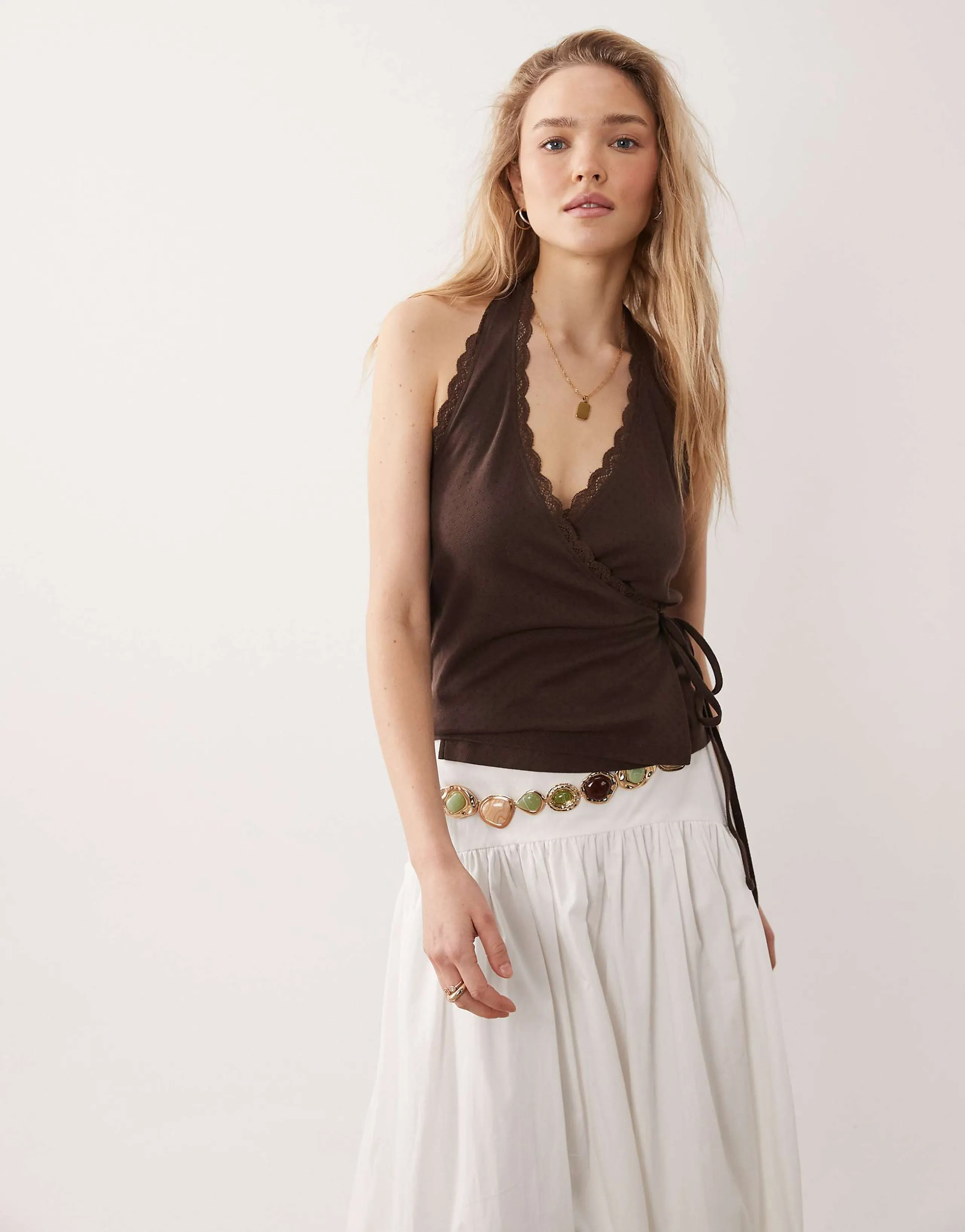 Miss Selfridge pointelle halterneck wrap top in chocolate