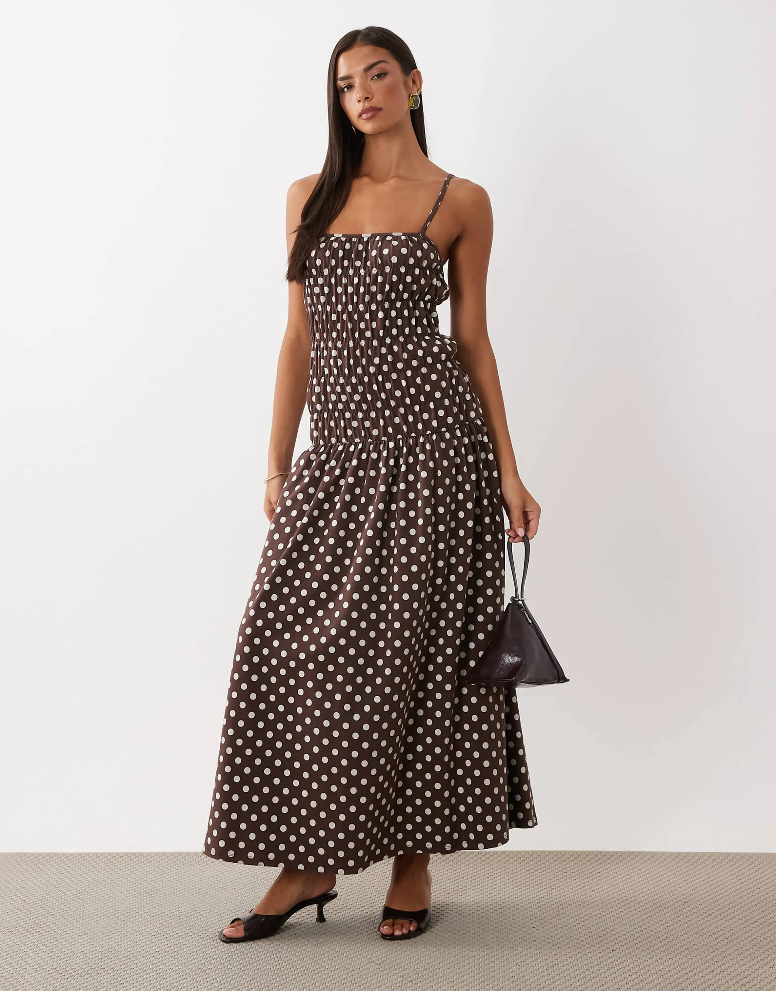ASOS DESIGN ruched waist maxi dress in brown polka dots