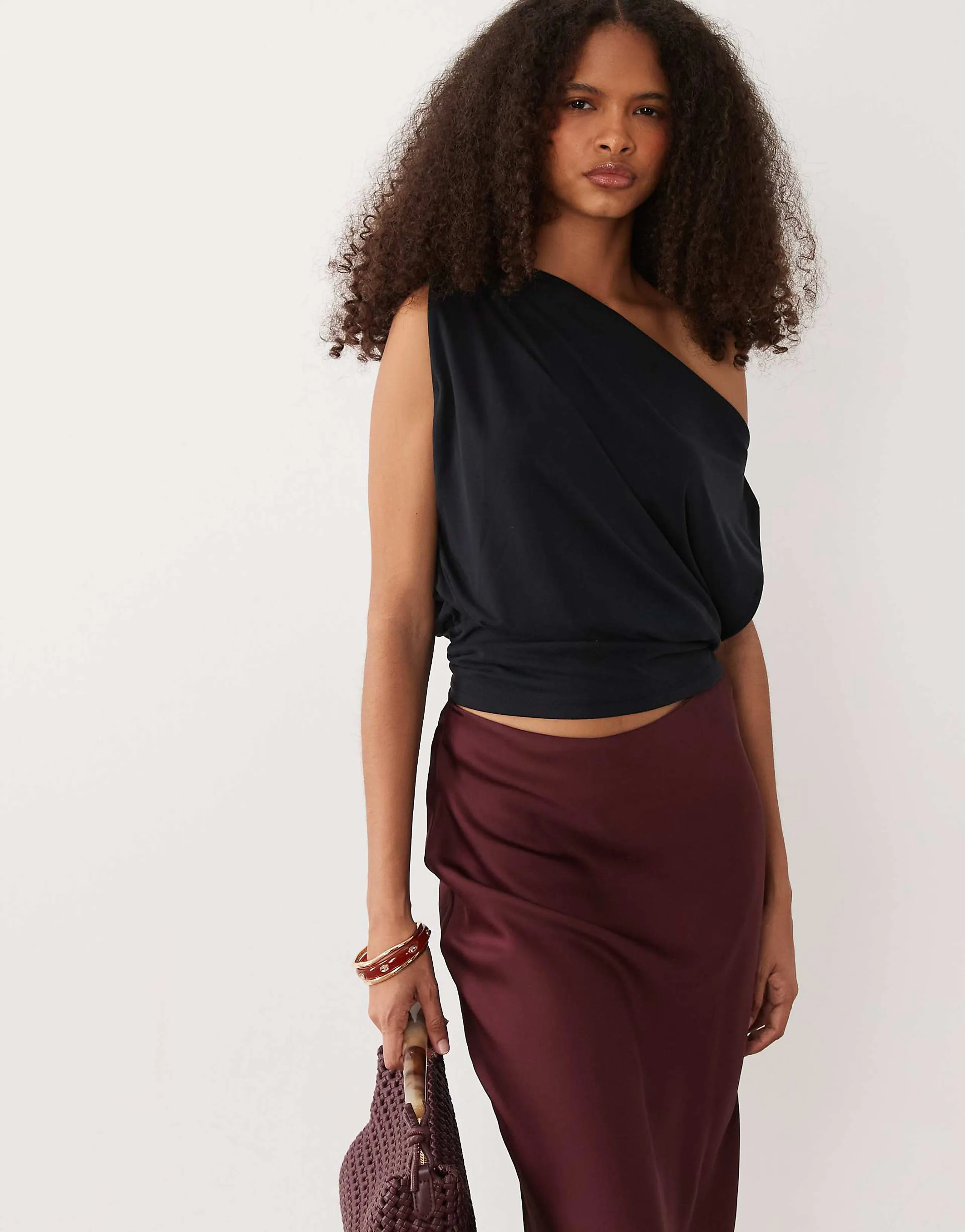 JDY asymmetric neck cinched top in black
