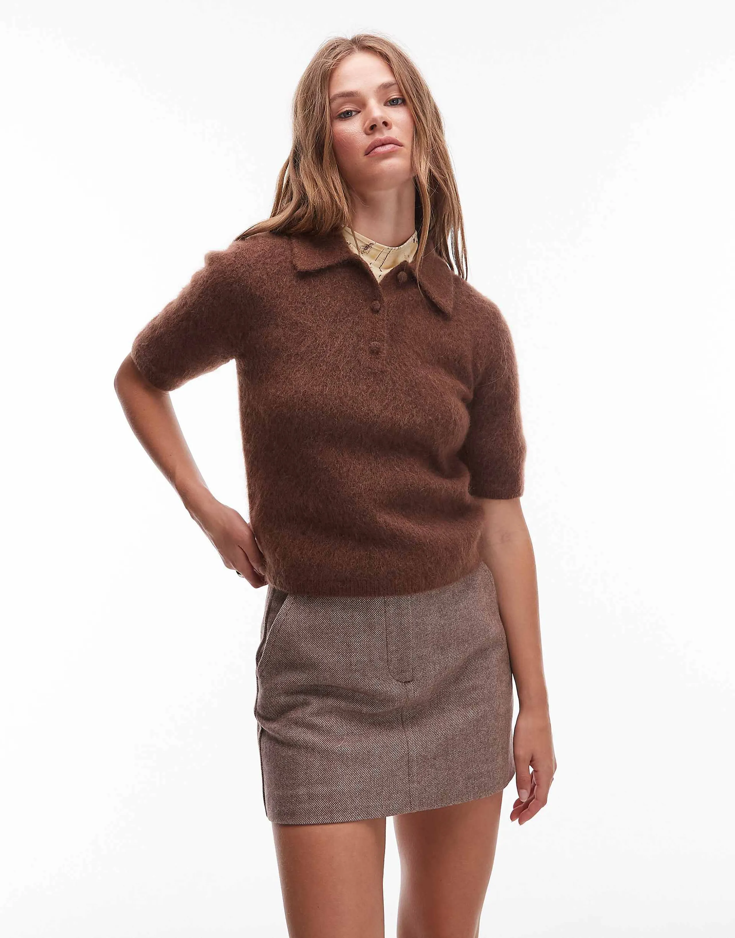& Other Stories mohair and wool knit slim fit top with polo collar in brown