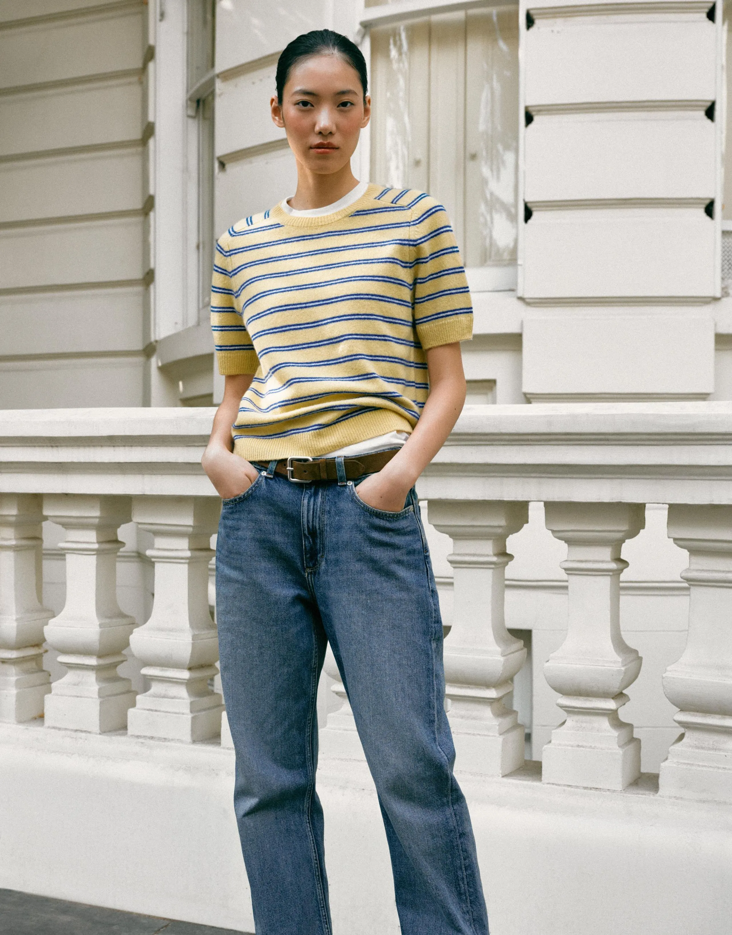 STRIPED 100% WOOL SHORT SLEEVE JUMPER