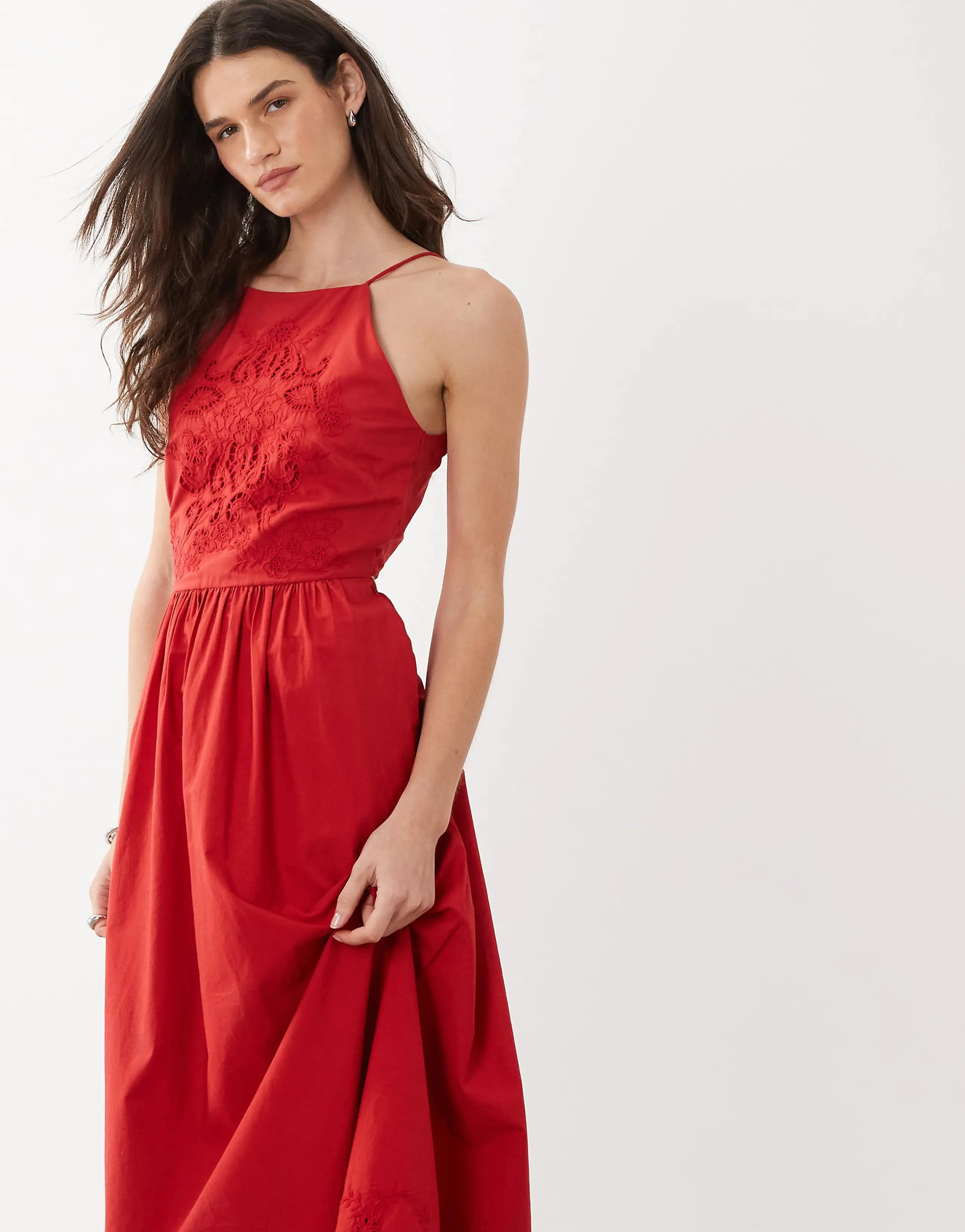 Mango 100% cotton halterneck embroidered maxi dress with open back detail in red