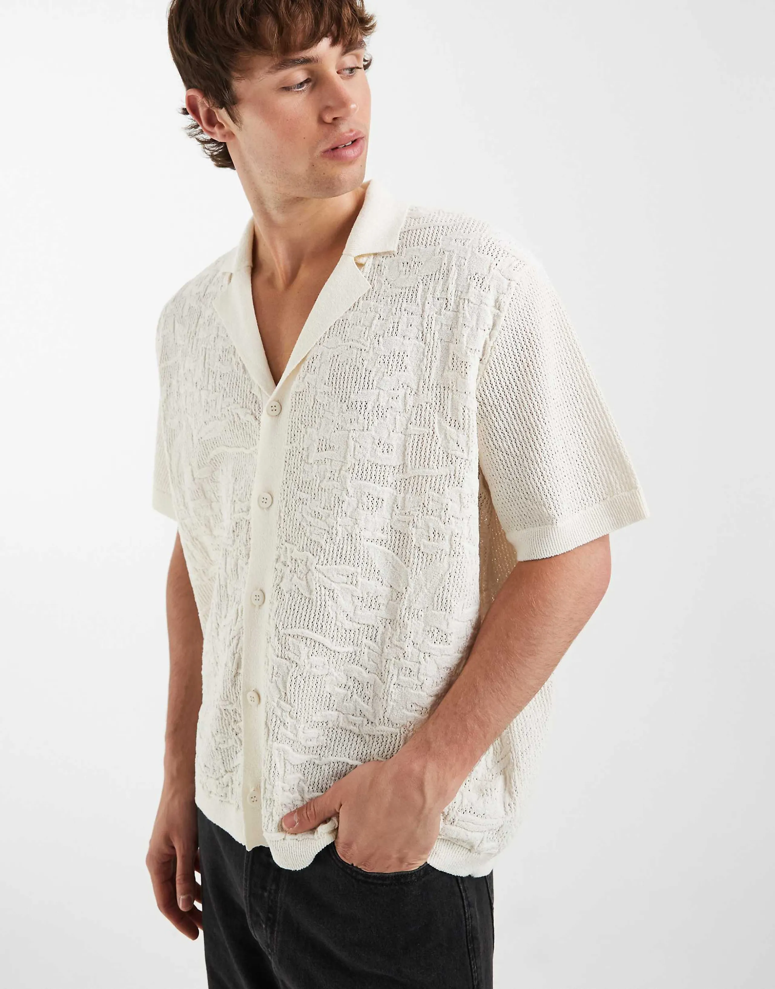 ASOS DESIGN relaxed knit button down polo shirt in floral texture