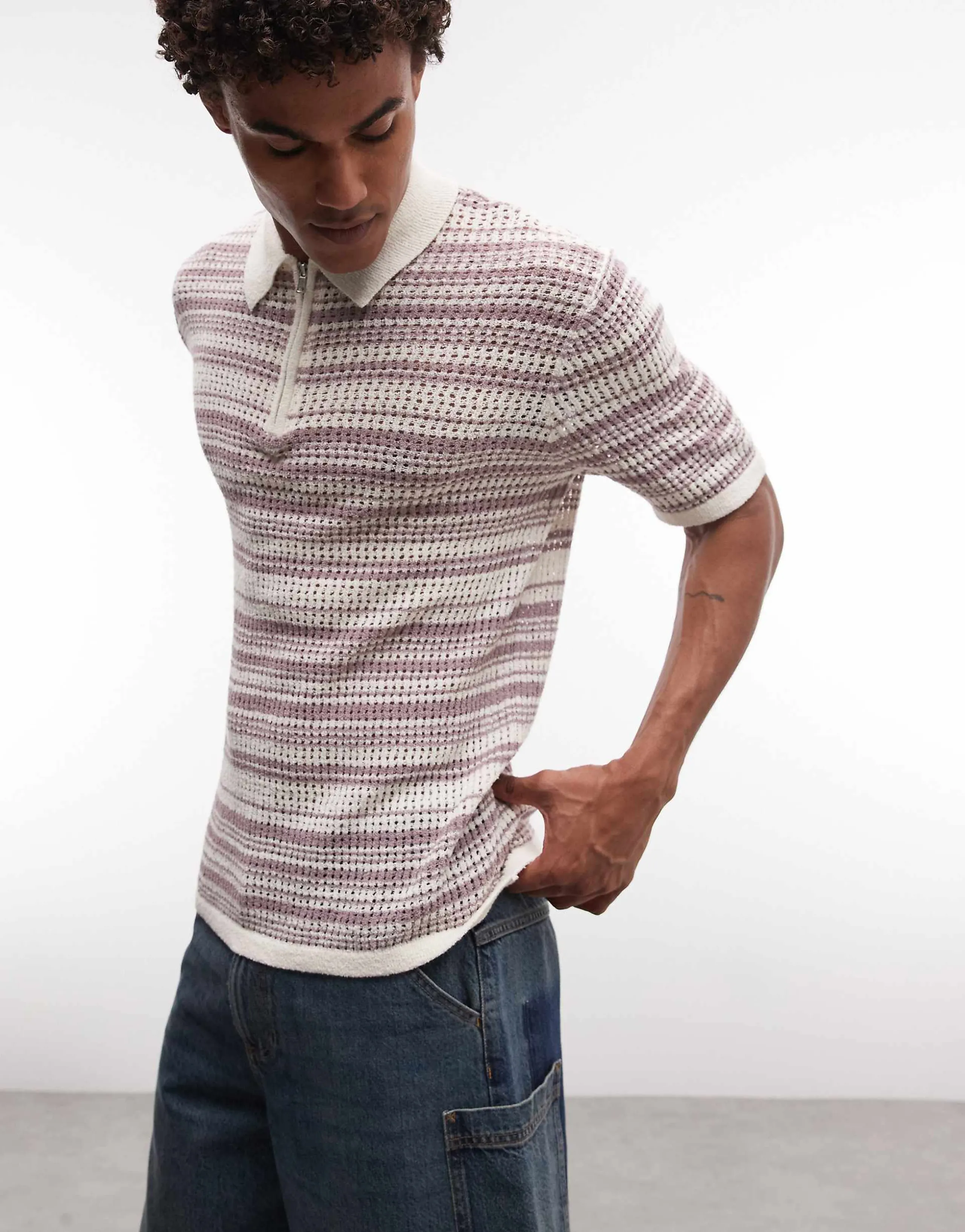 ASOS DESIGN knit striped zip up polo in ecru and purple
