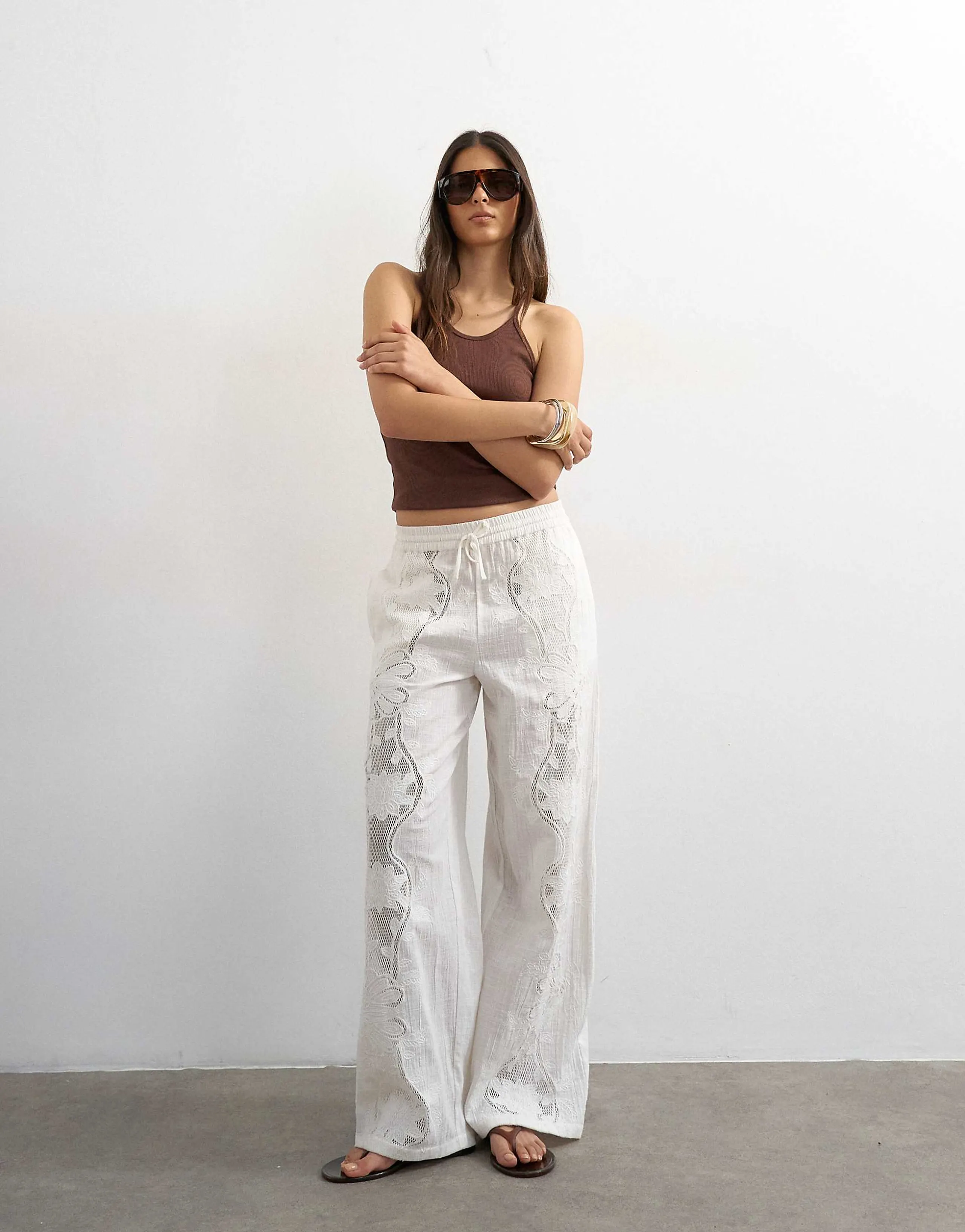 Topshop straight broderie pants in ecru