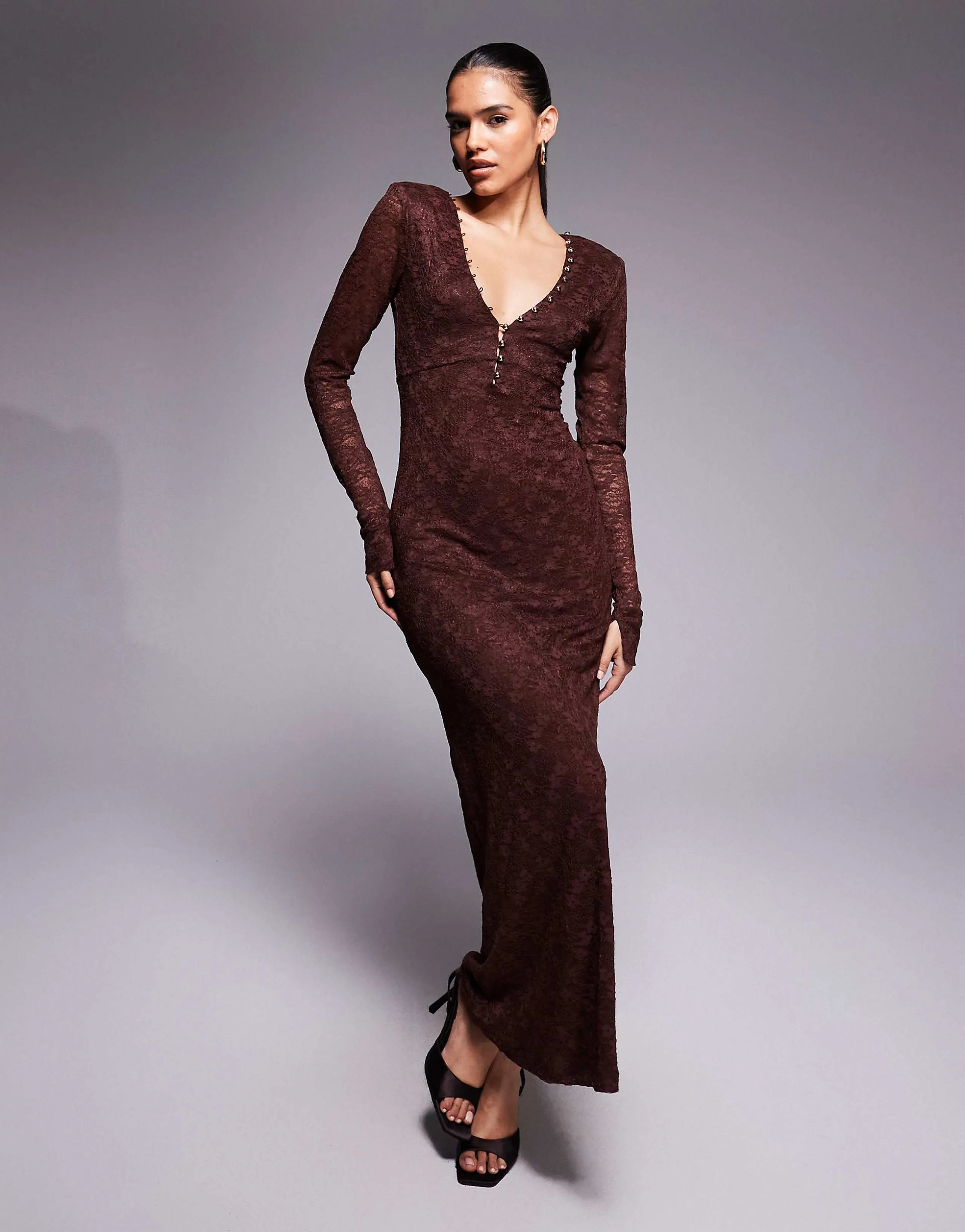 Bardot Zenia lace button trim v-neck maxi dress in chocolate