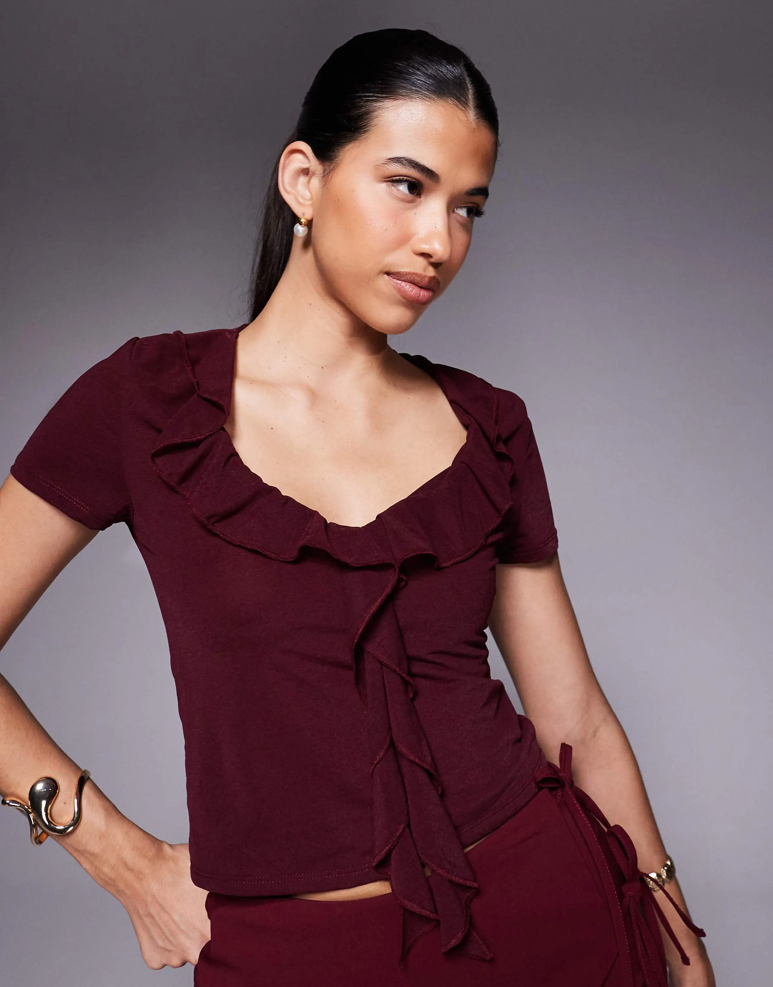 ASOS DESIGN semi sheer short sleeve v-neck ruffle front top in berry