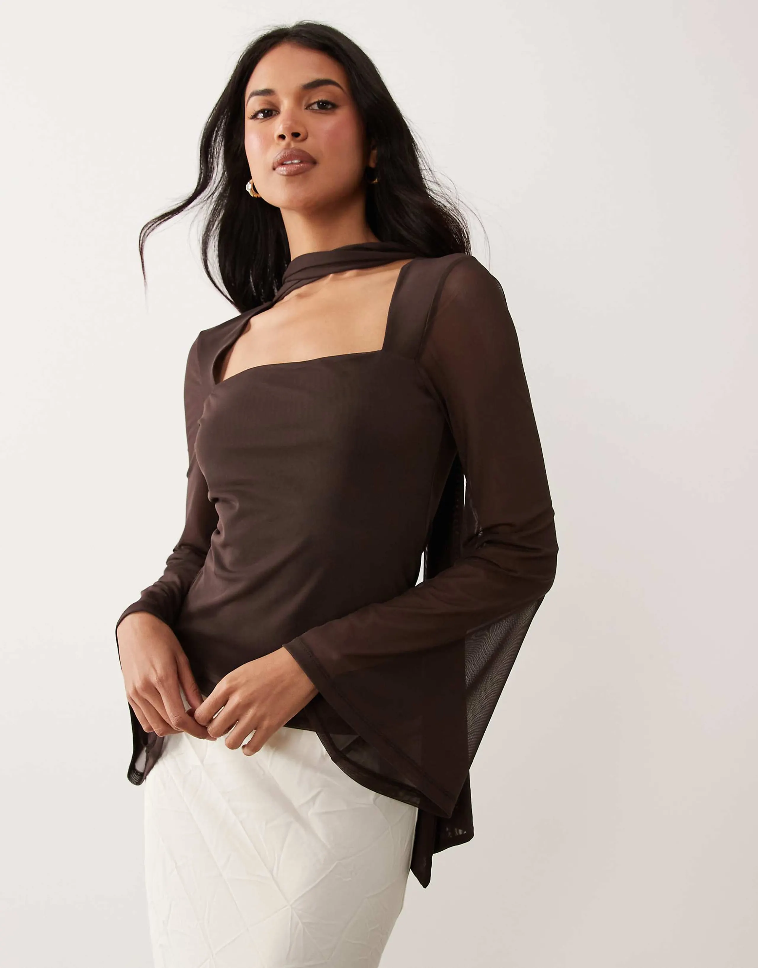 AOS DESIGN mesh scarf top with angel sleeve in brown