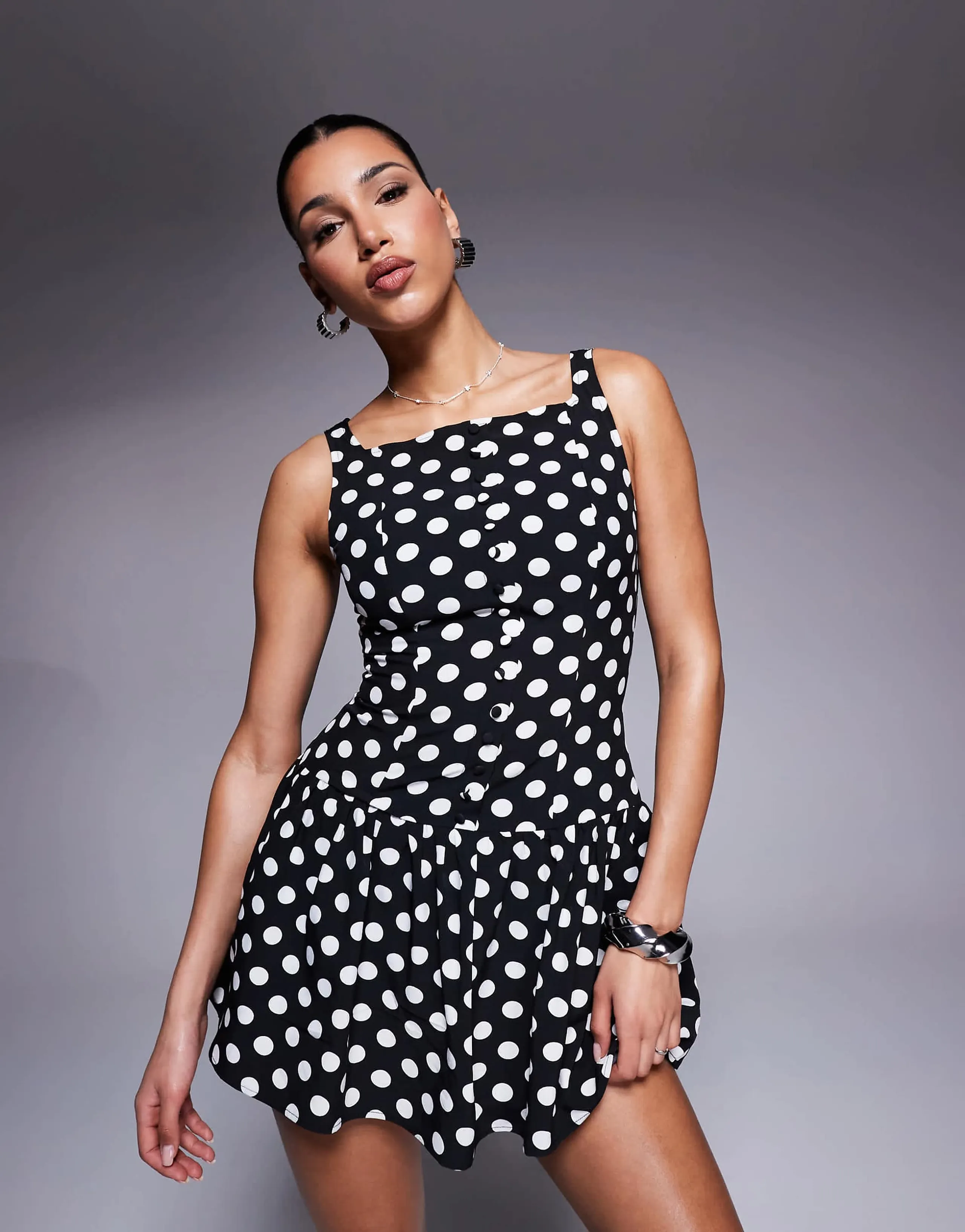 Kaiia exclusive high square neck button front gathered skirt mini dress in mono polka dot