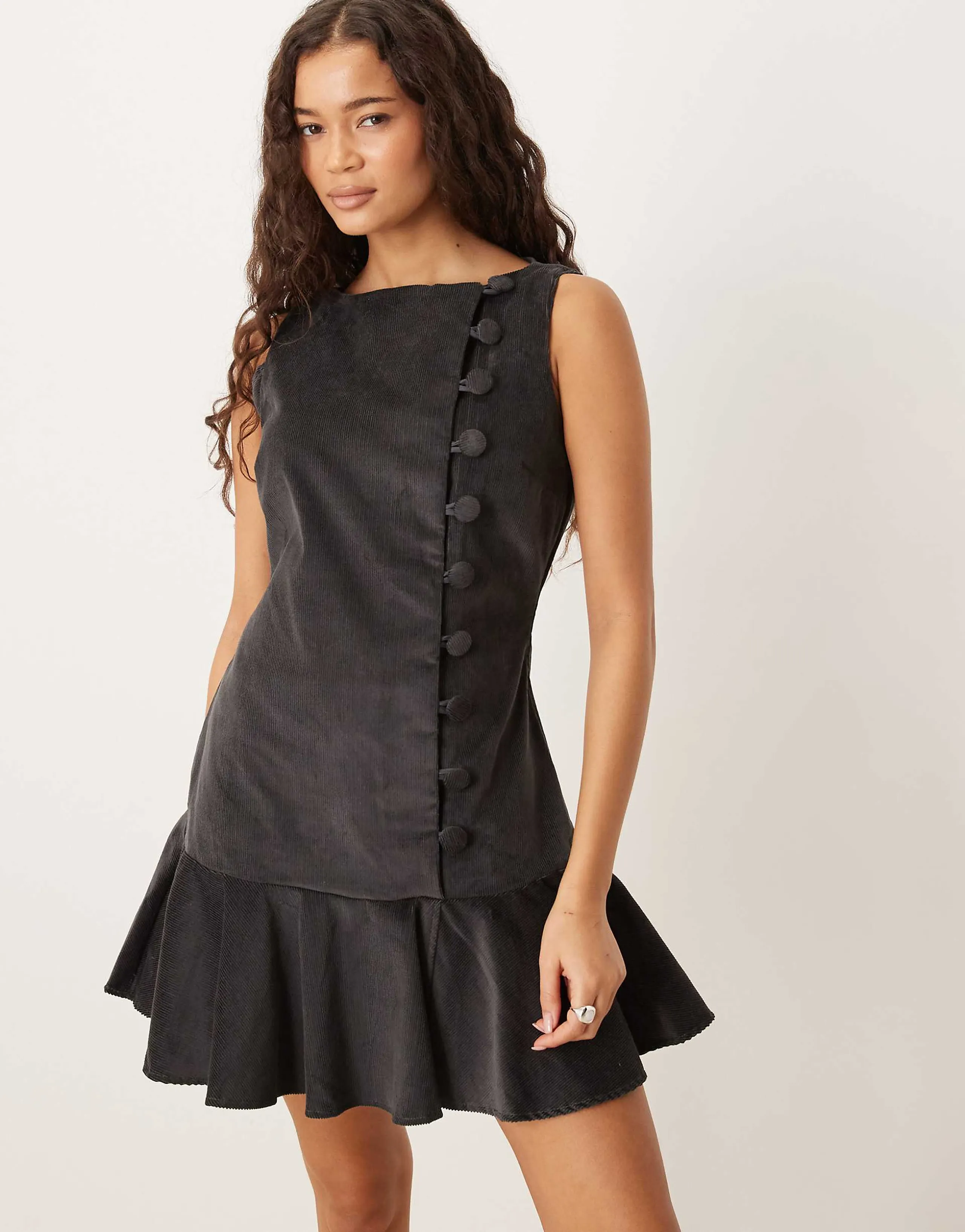 ASOS DESIGN cord slash neck mini dress with dropped waist and asymmetric buttons in charcoal