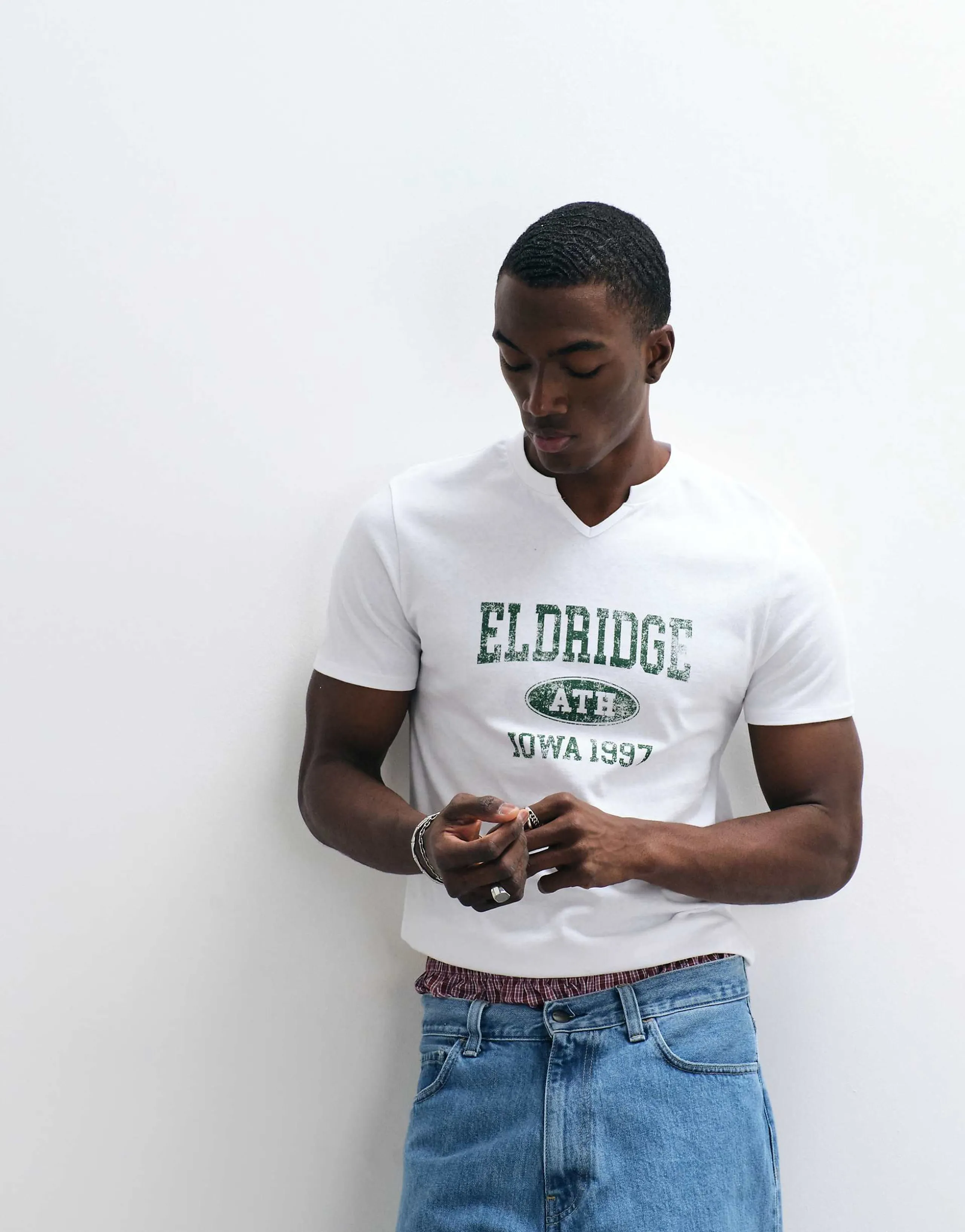ASOS DESIGN slim T-shirt with Eldridge graphic in white