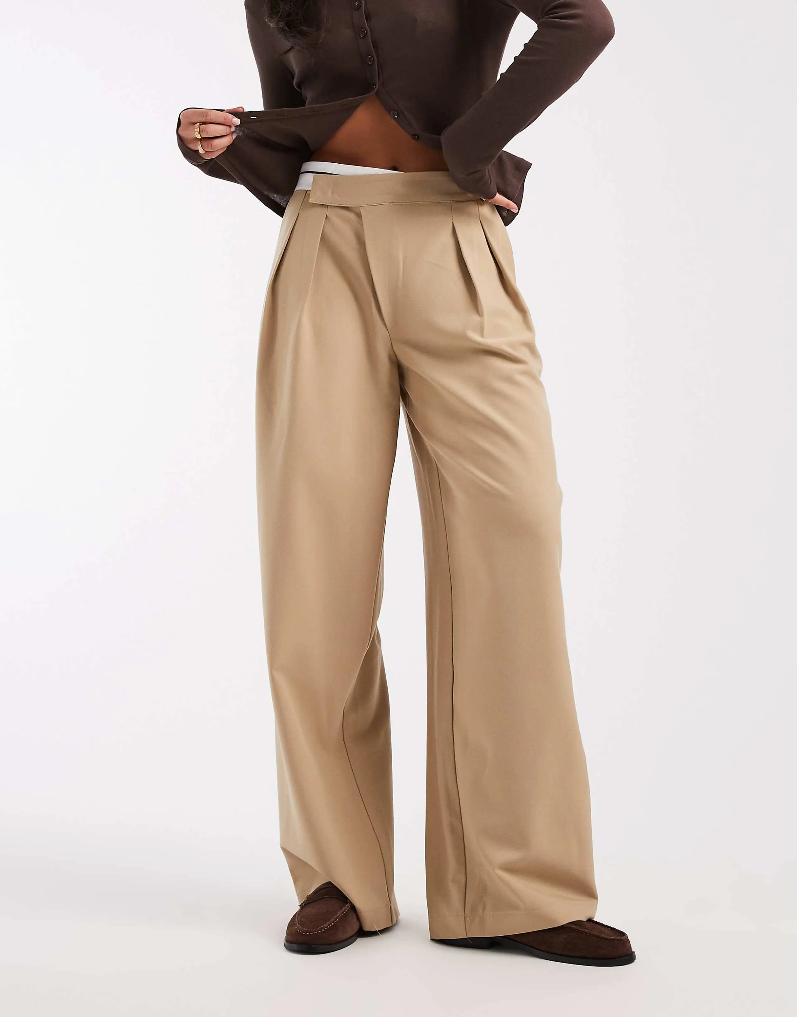 ASOS DESIGN DECON tailored wide leg deconstructed contrast waistband pants in cumin