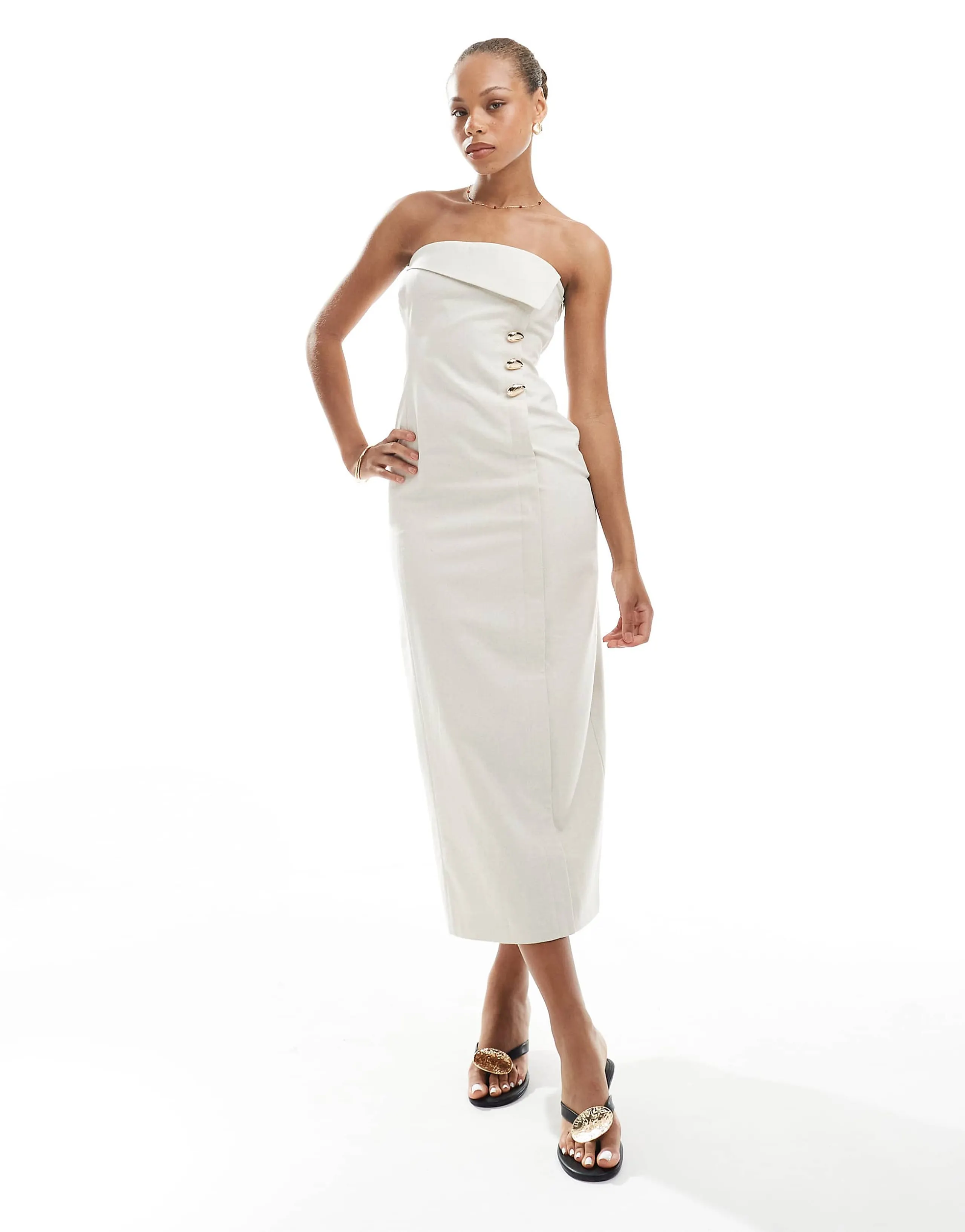 4th & Reckless linen blend bandeau foldover gold button detail maxi dress in beige