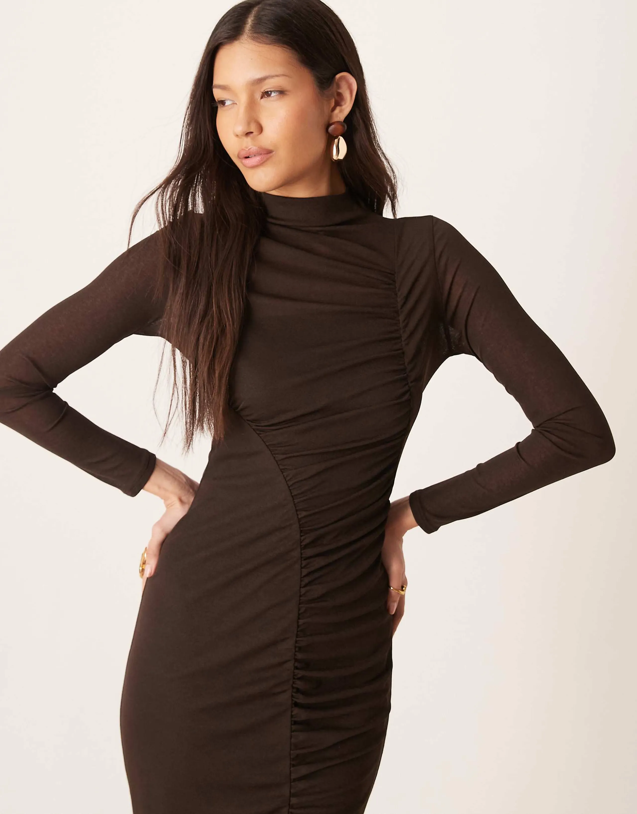 ASOS DESIGN asymmetric ruched midi dress in chocolate