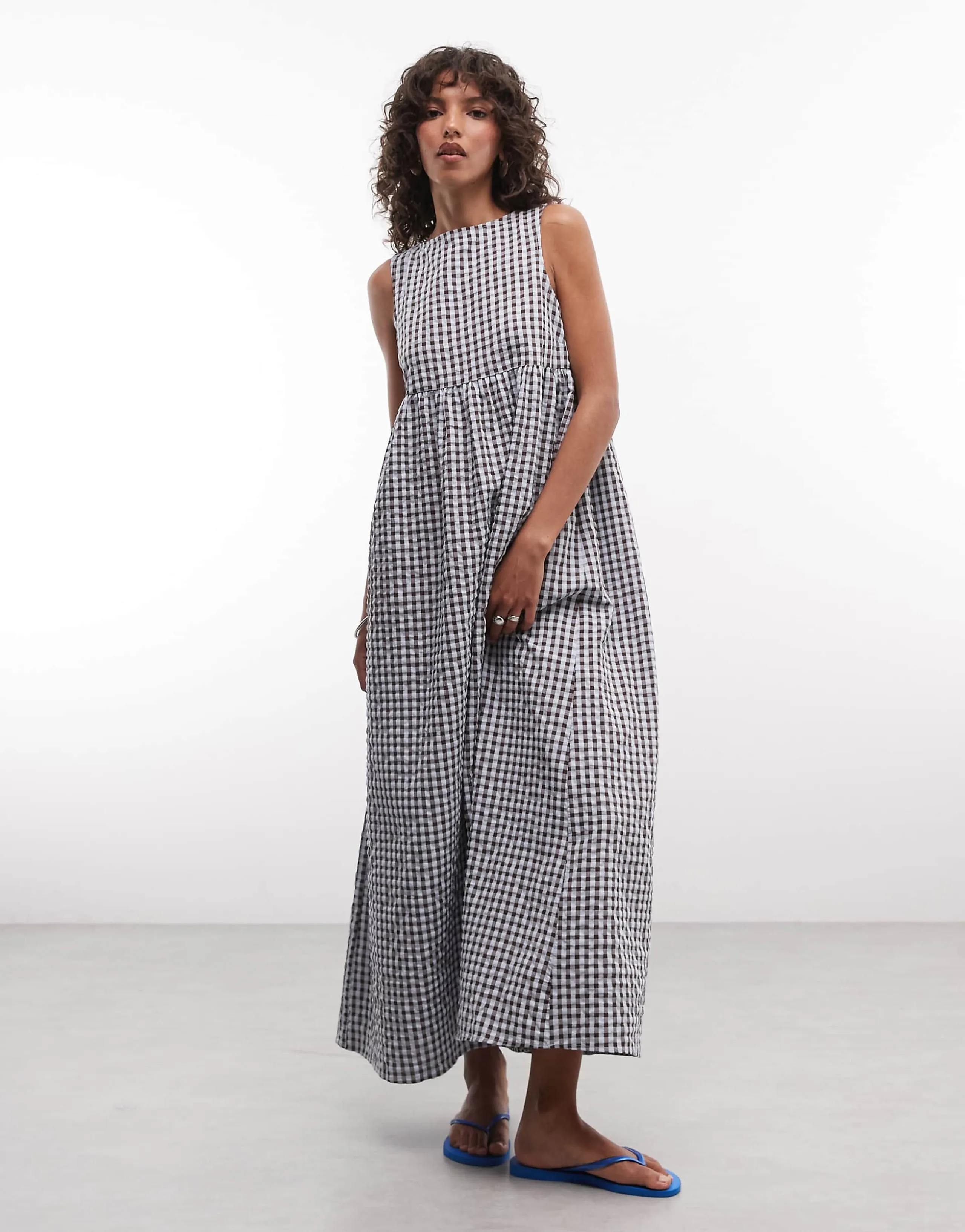 COLLUSION high neck smock dress in blue gingham