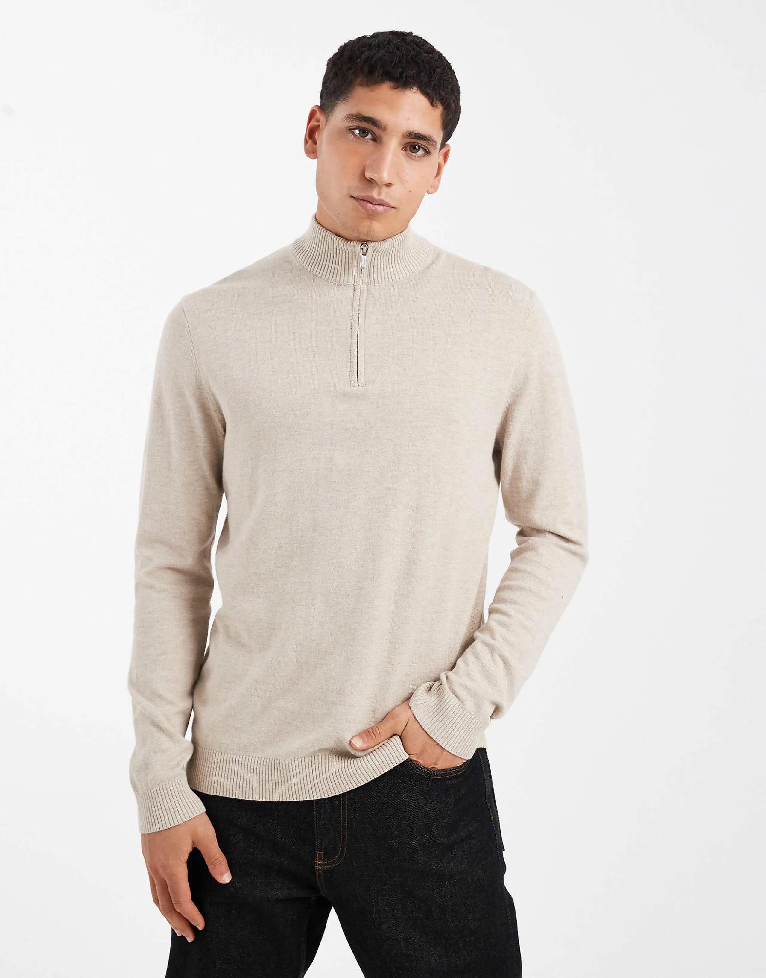 ONLY & SONS quarter zip knit sweater in beige