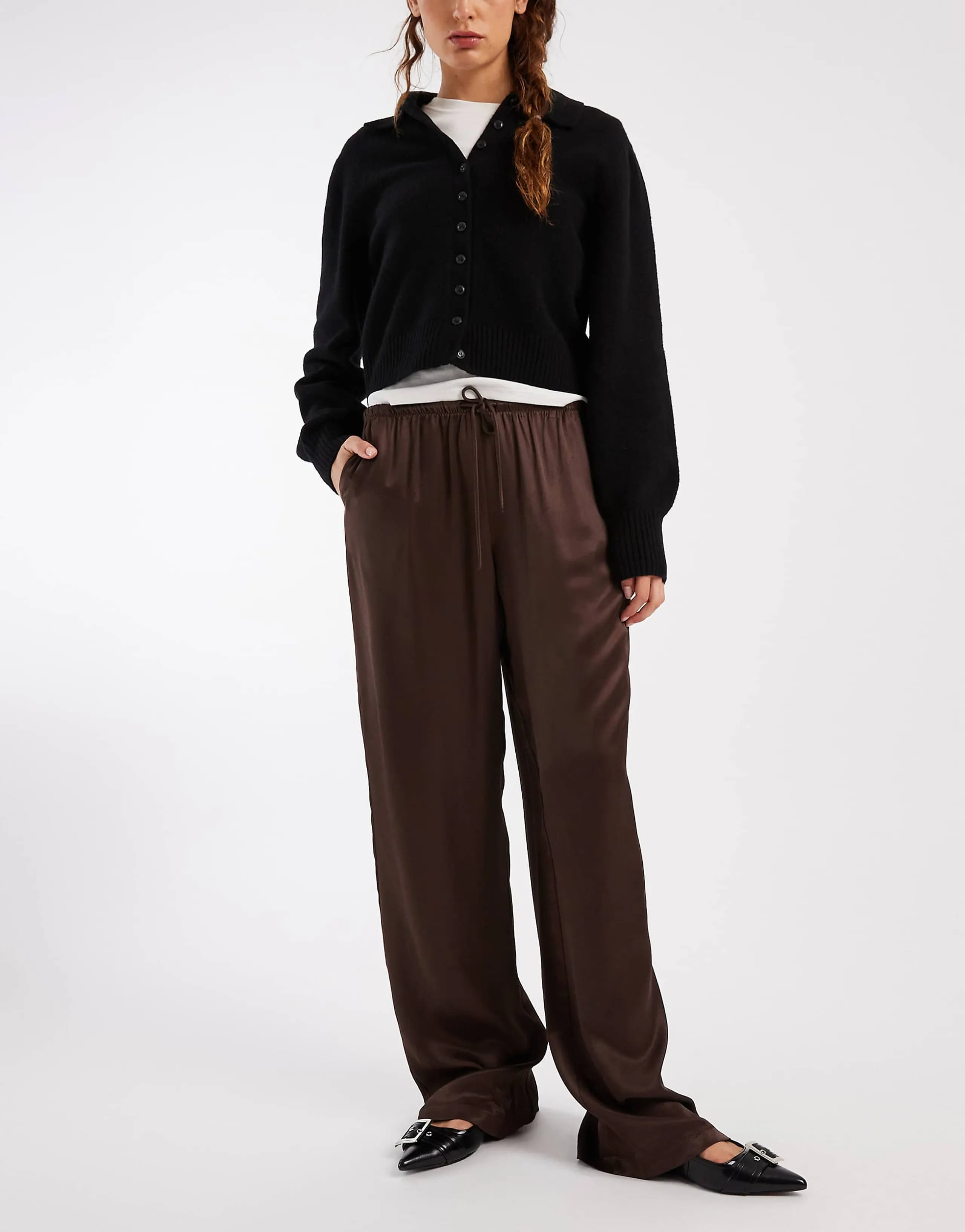 ASOS DESIGN satin wide leg pull on pants in chocolate