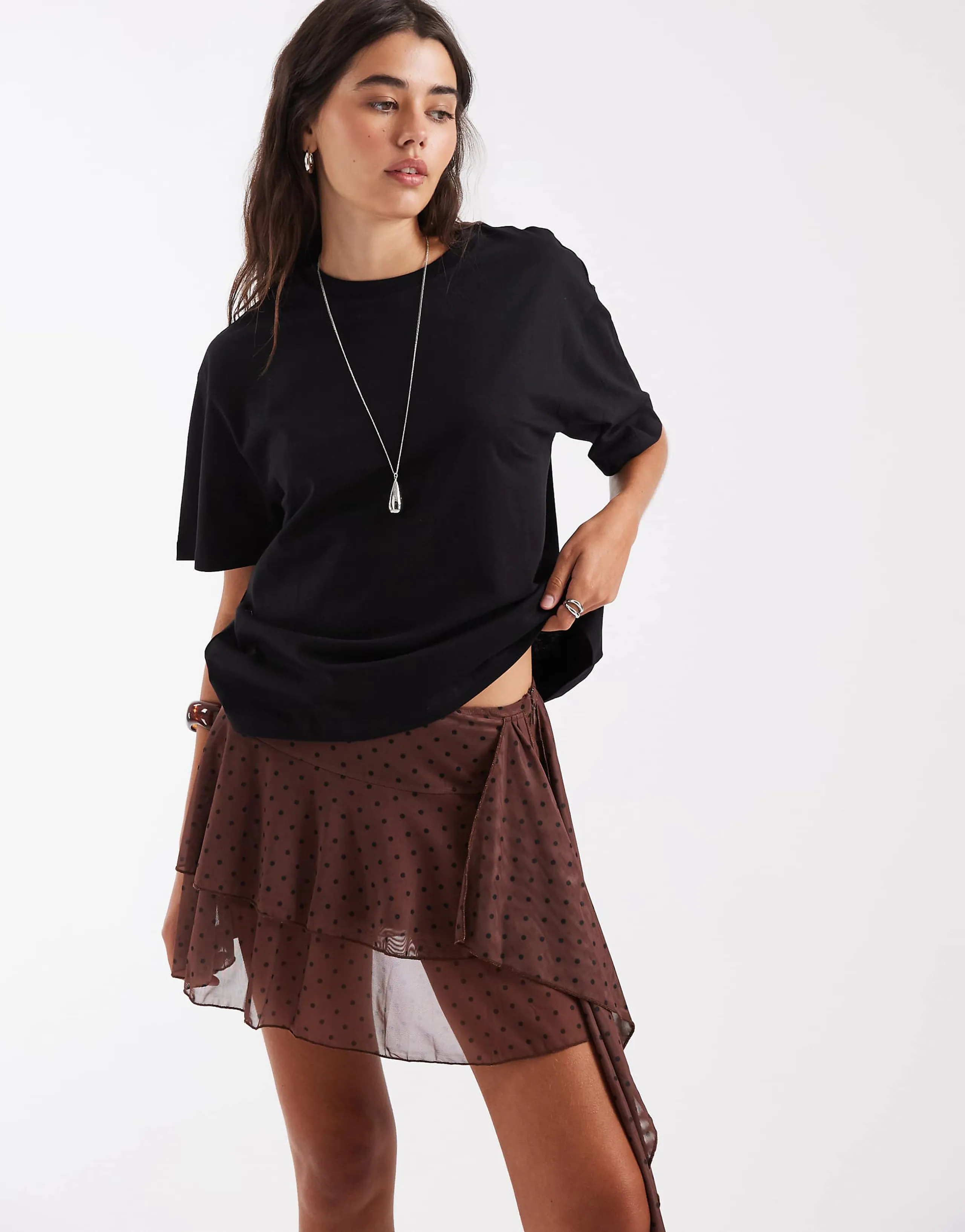 Bronze Snake double layer ruffle mini skirt in chocolate polka dot