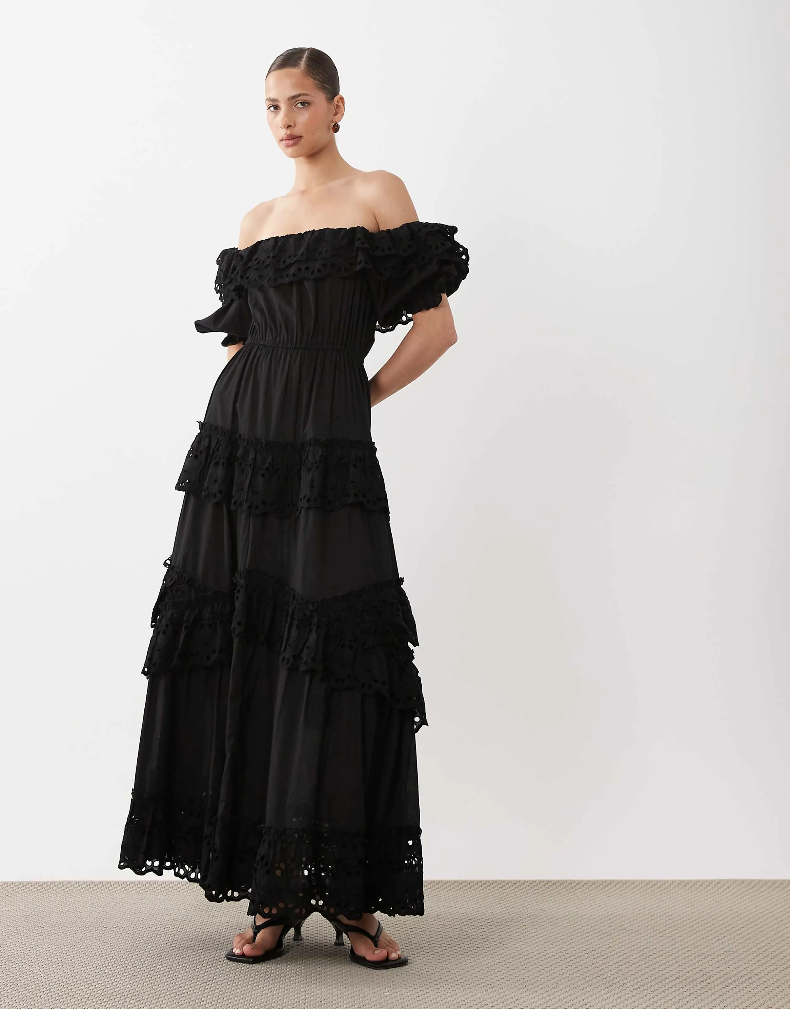 ASOS DESIGN bardot maxi dress with floral broderie in black