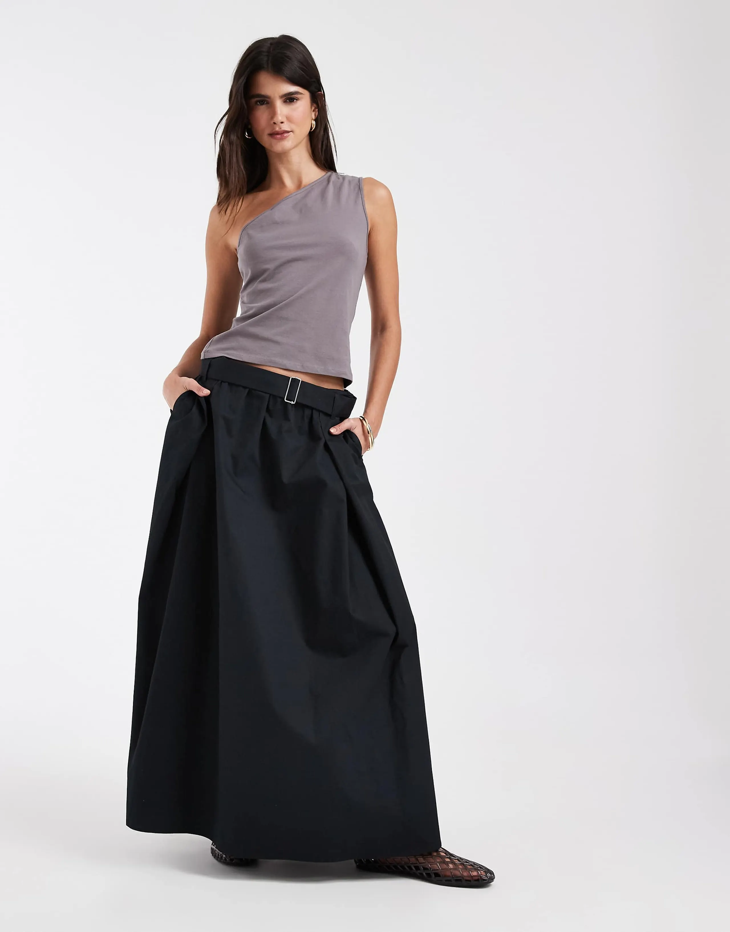 ONLY pleated maxi skirt with belt in black