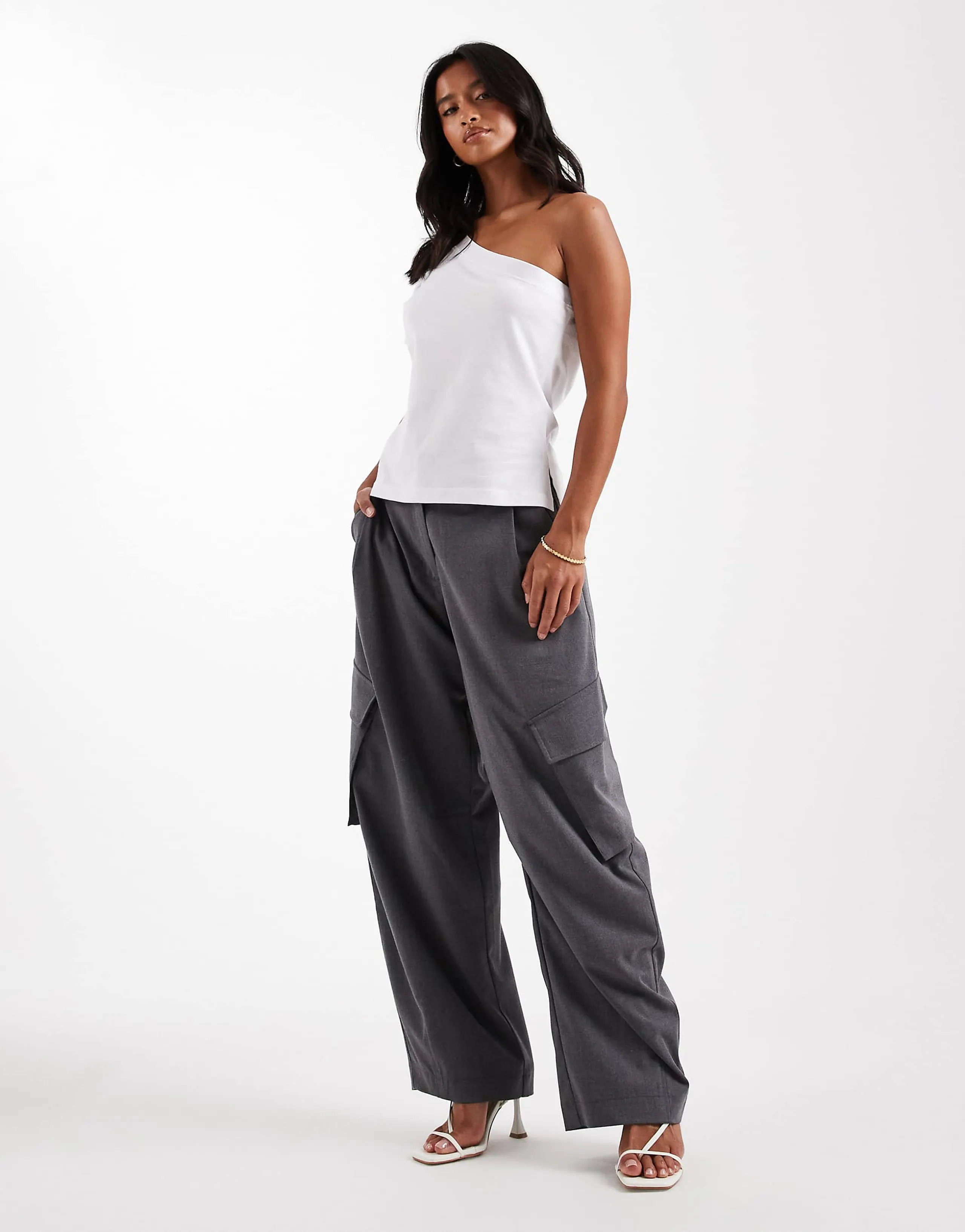 ASOS DESIGN Petite Tailored utility barrel leg pants in charcoal 