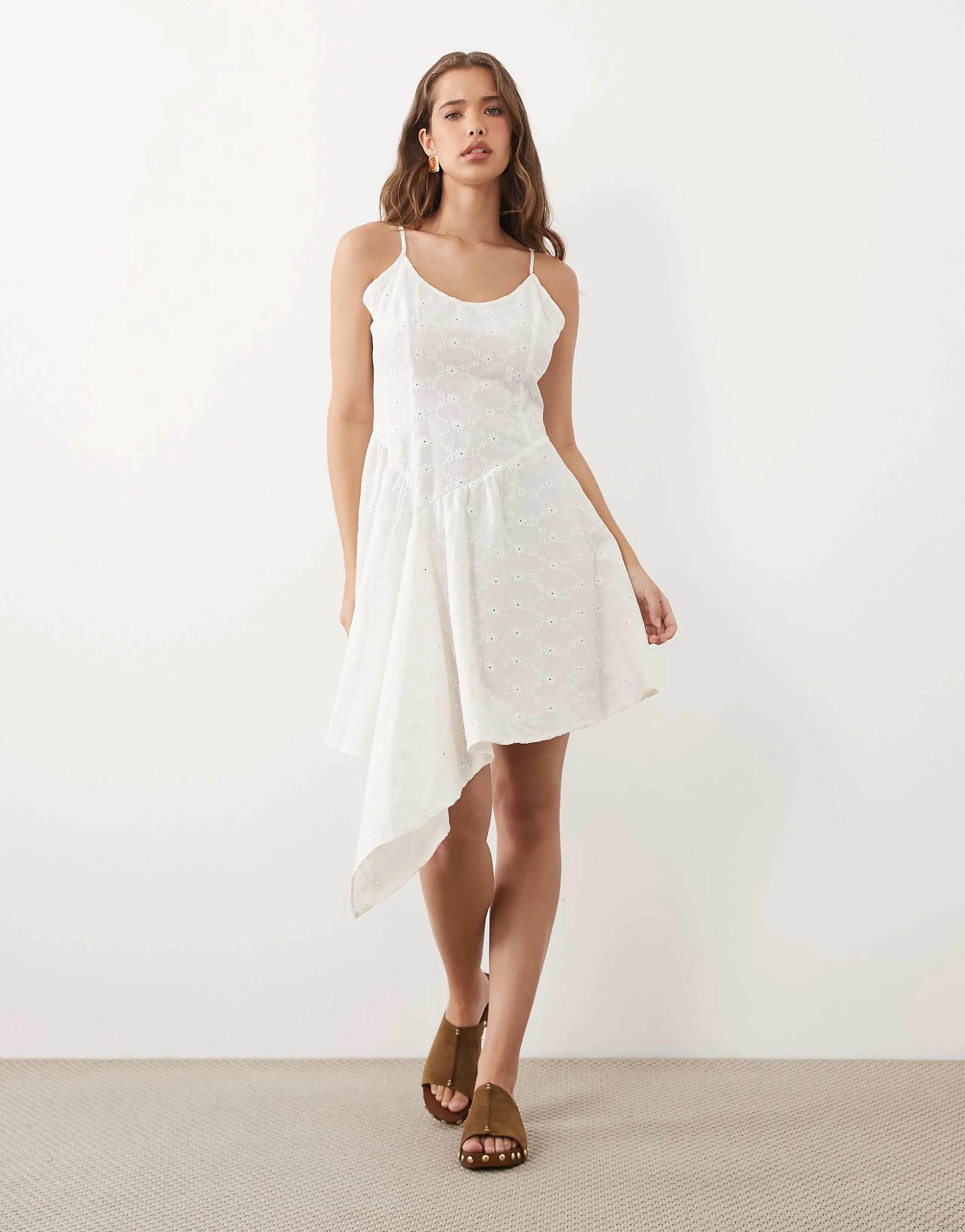 Miss Selfridge broderie asymmetric cami mini dress in ivory
