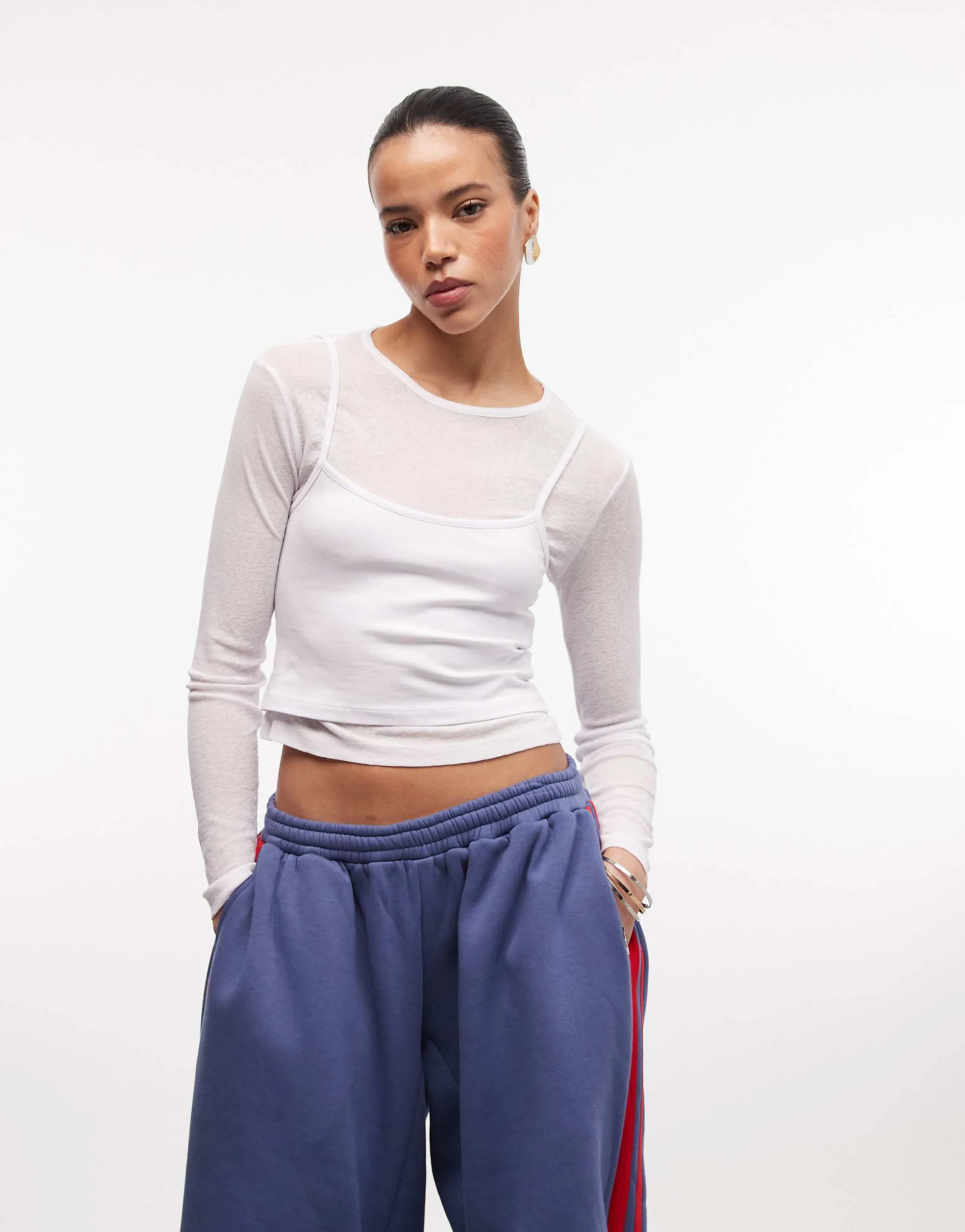 COLLUSION double layer sheer long sleeve top in white
