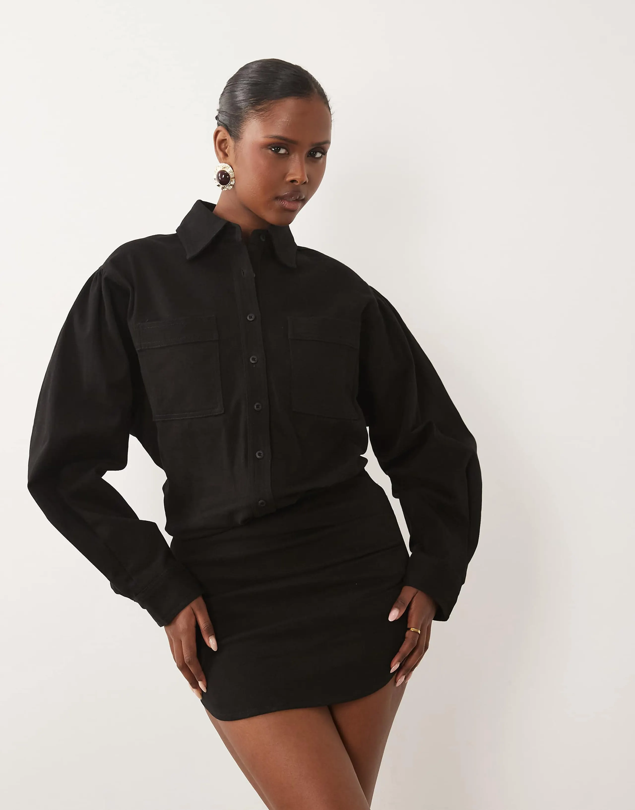 Noughts & Kisses denim pocket front fitted skirt mini dress in black