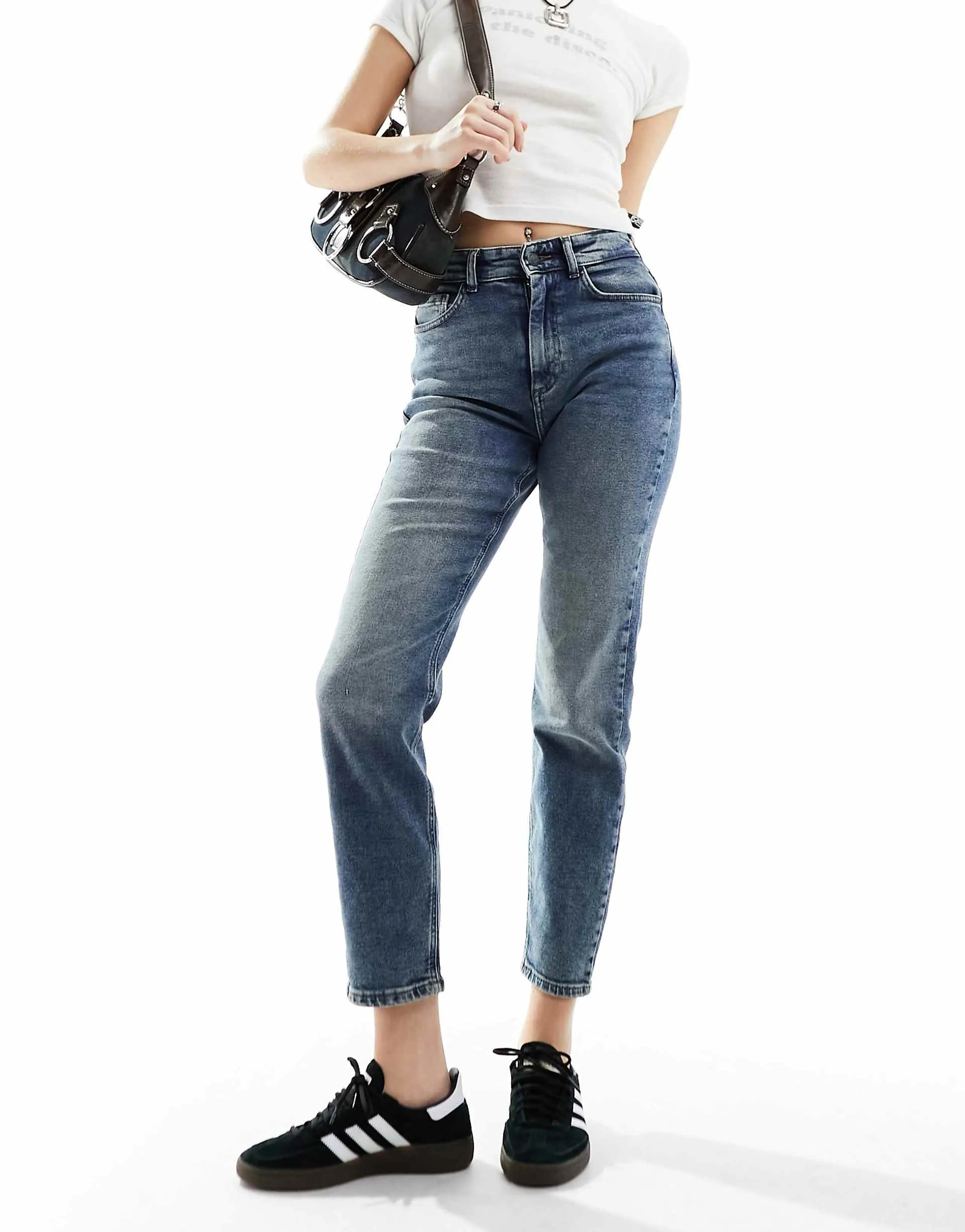 Noisy May Moni high rise slim straight jeans in mid wash blue