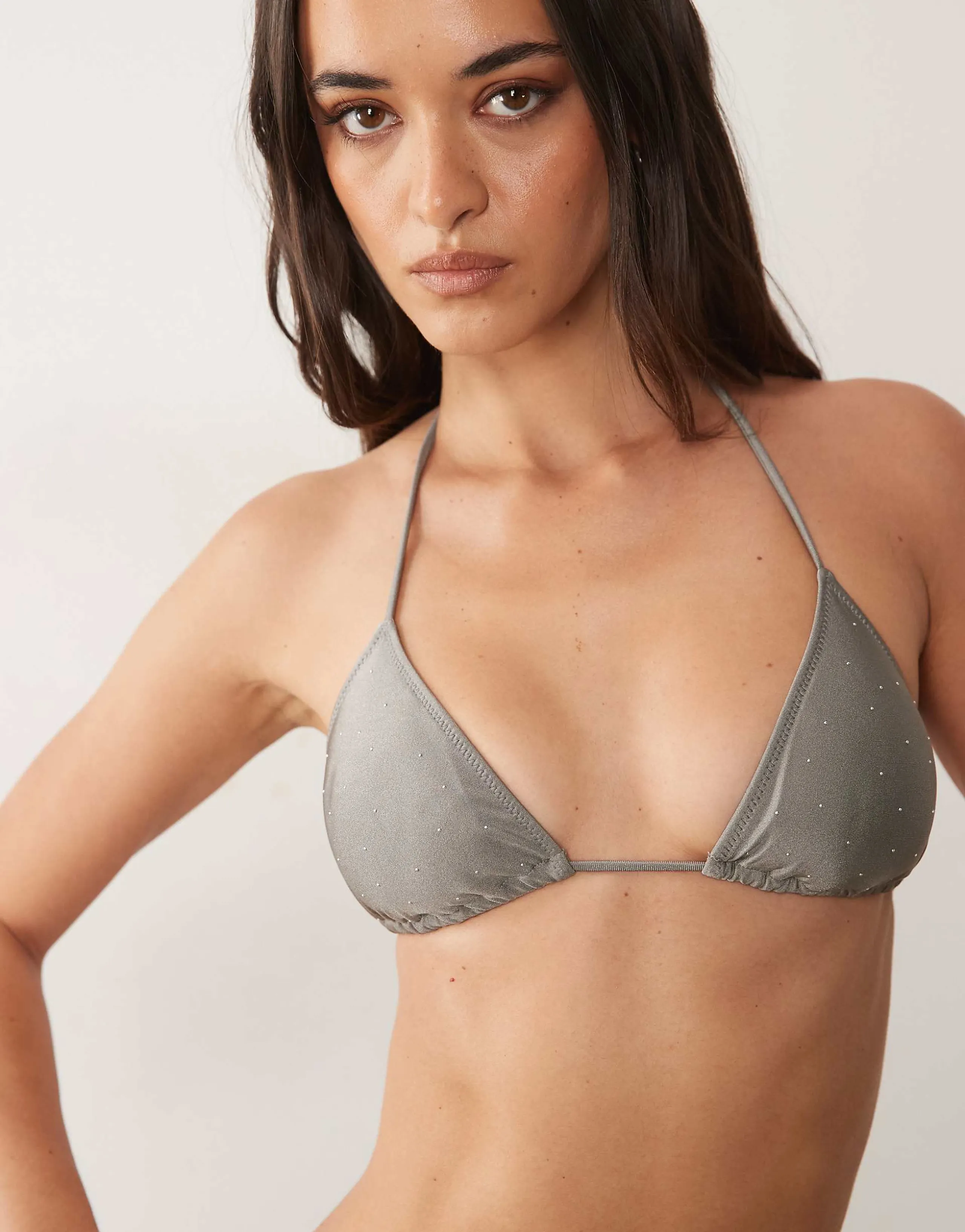 Mango hotfix embellished bikini top in gray