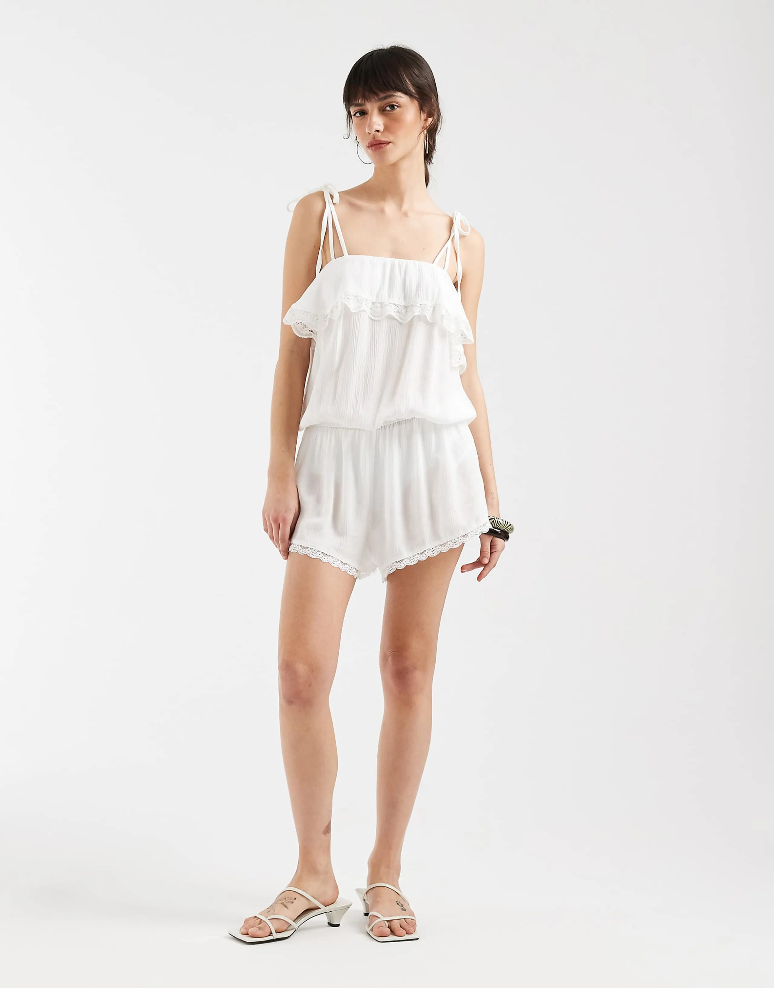 Motel Melosa lace trim romper in white