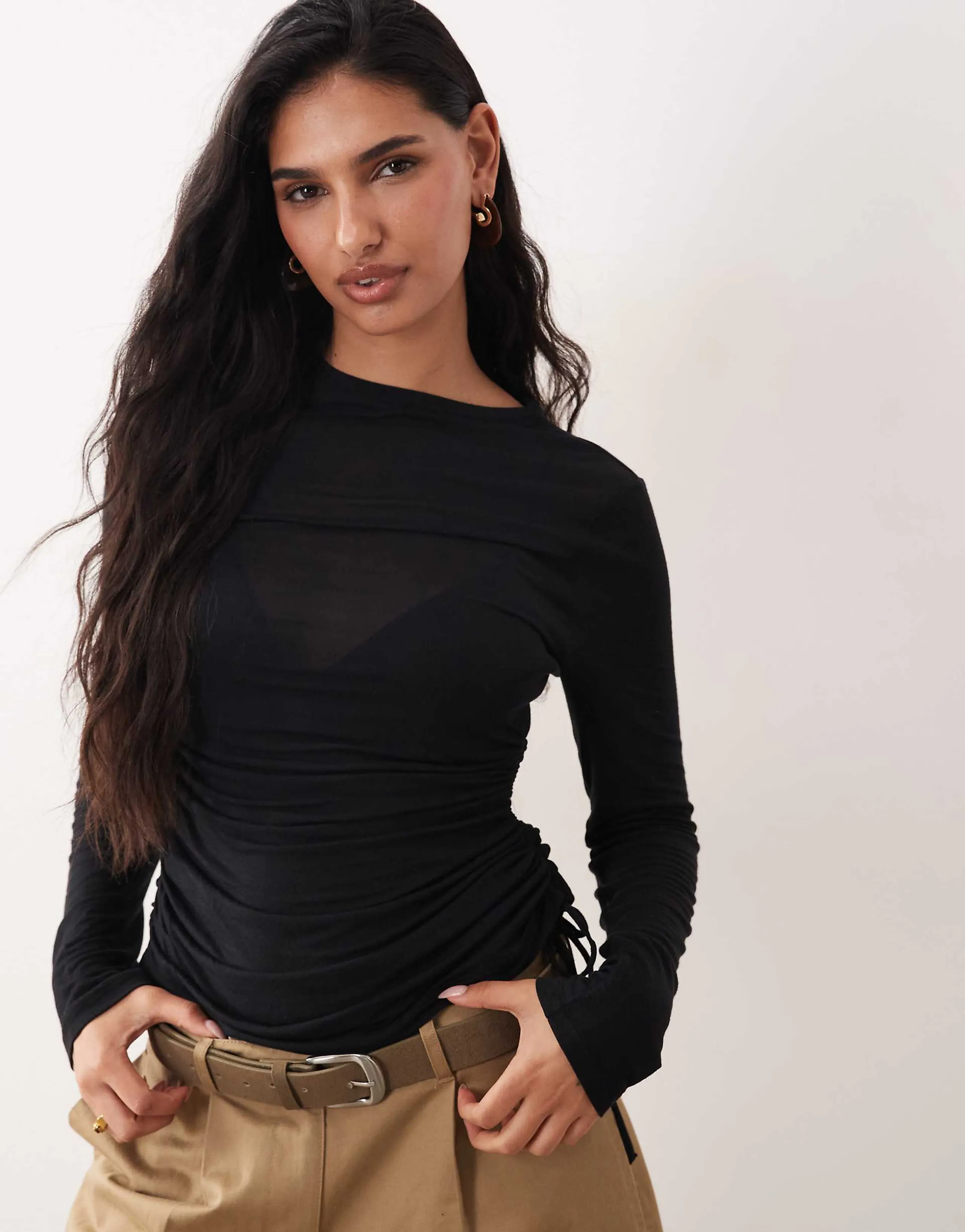 ASOS DESIGN long sleeve top with ruching in black