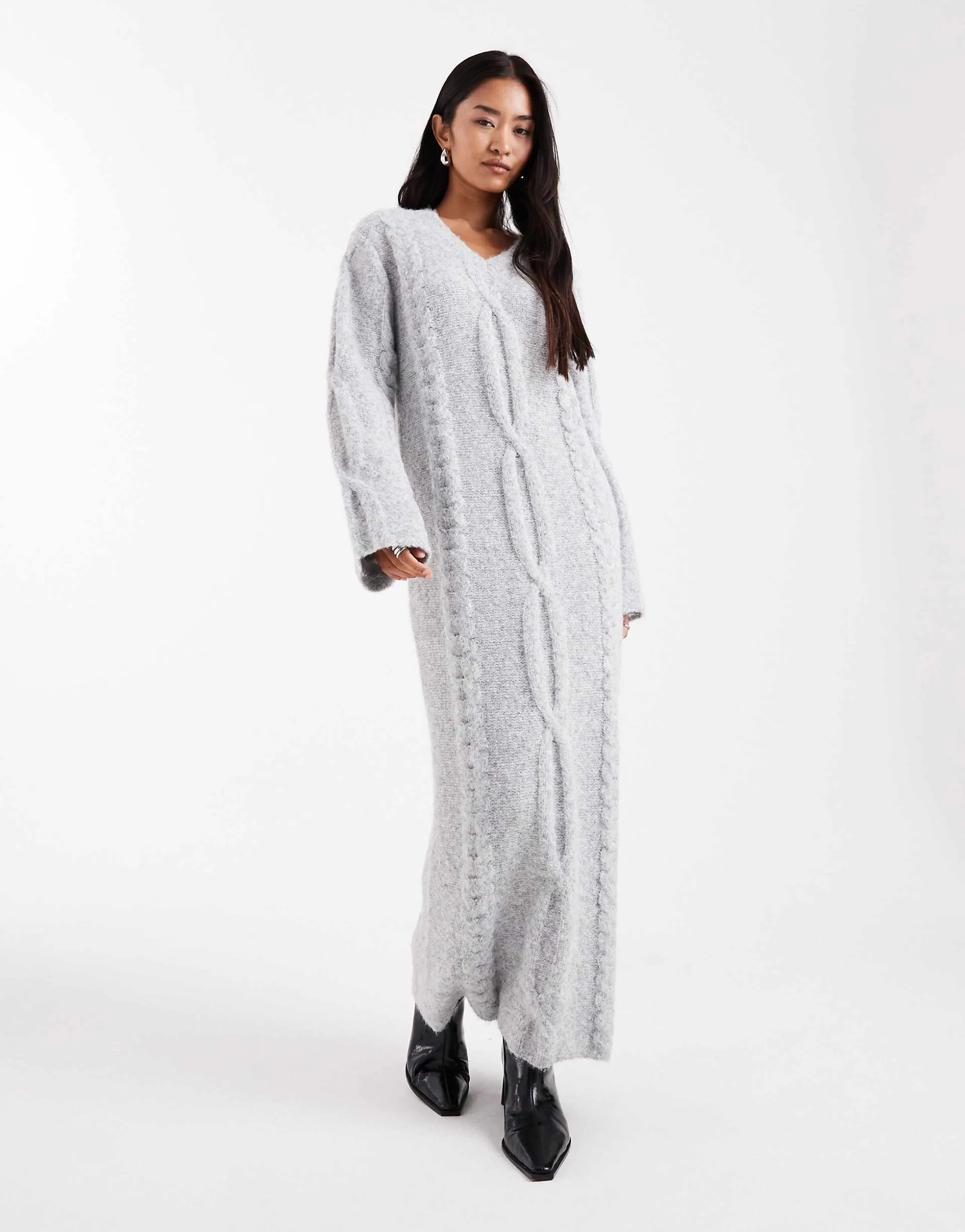 4th & Reckless wool feel cable knit v-neck maxi sweater dress in gray