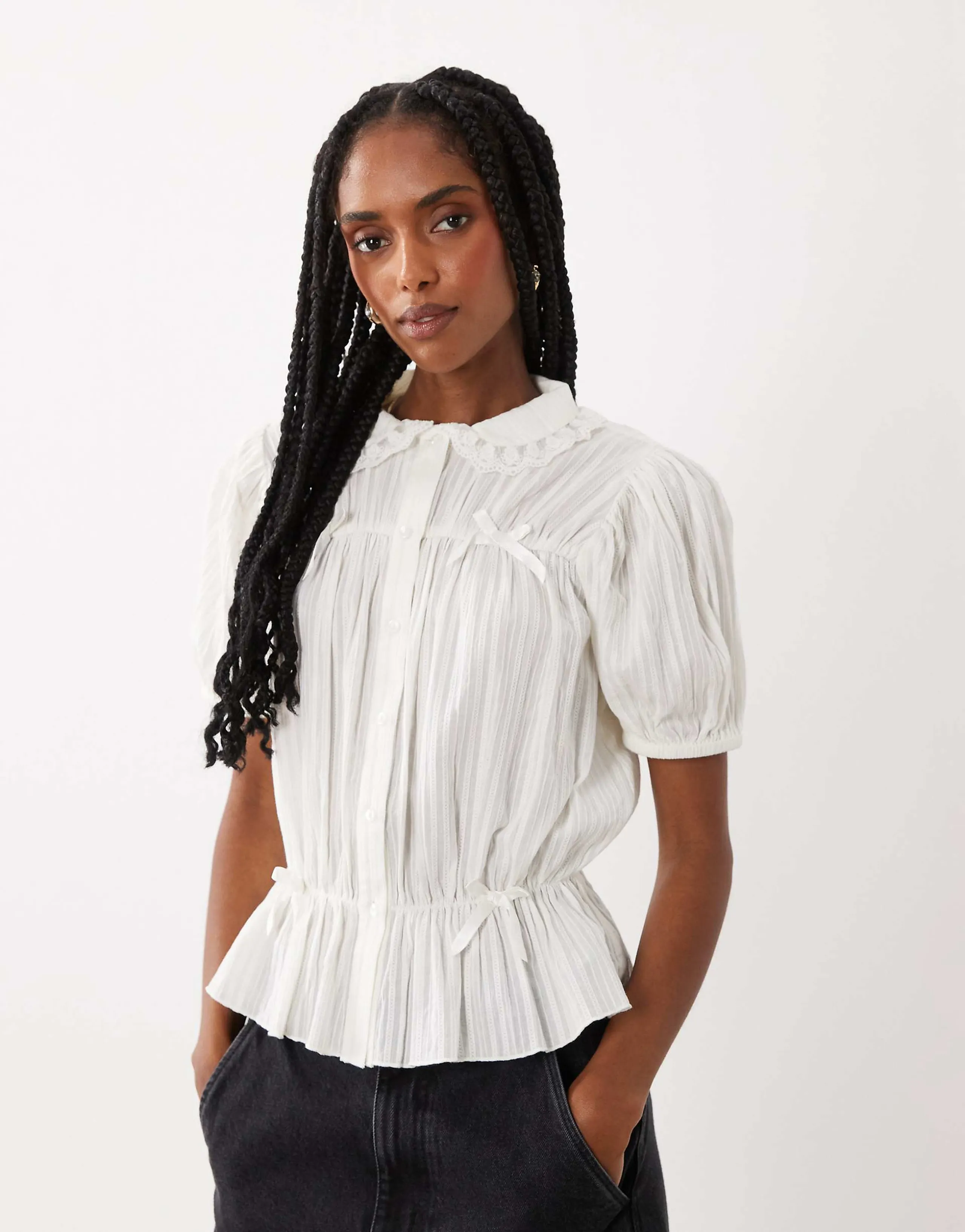 Miss Selfridge bow detail pea blouse in white