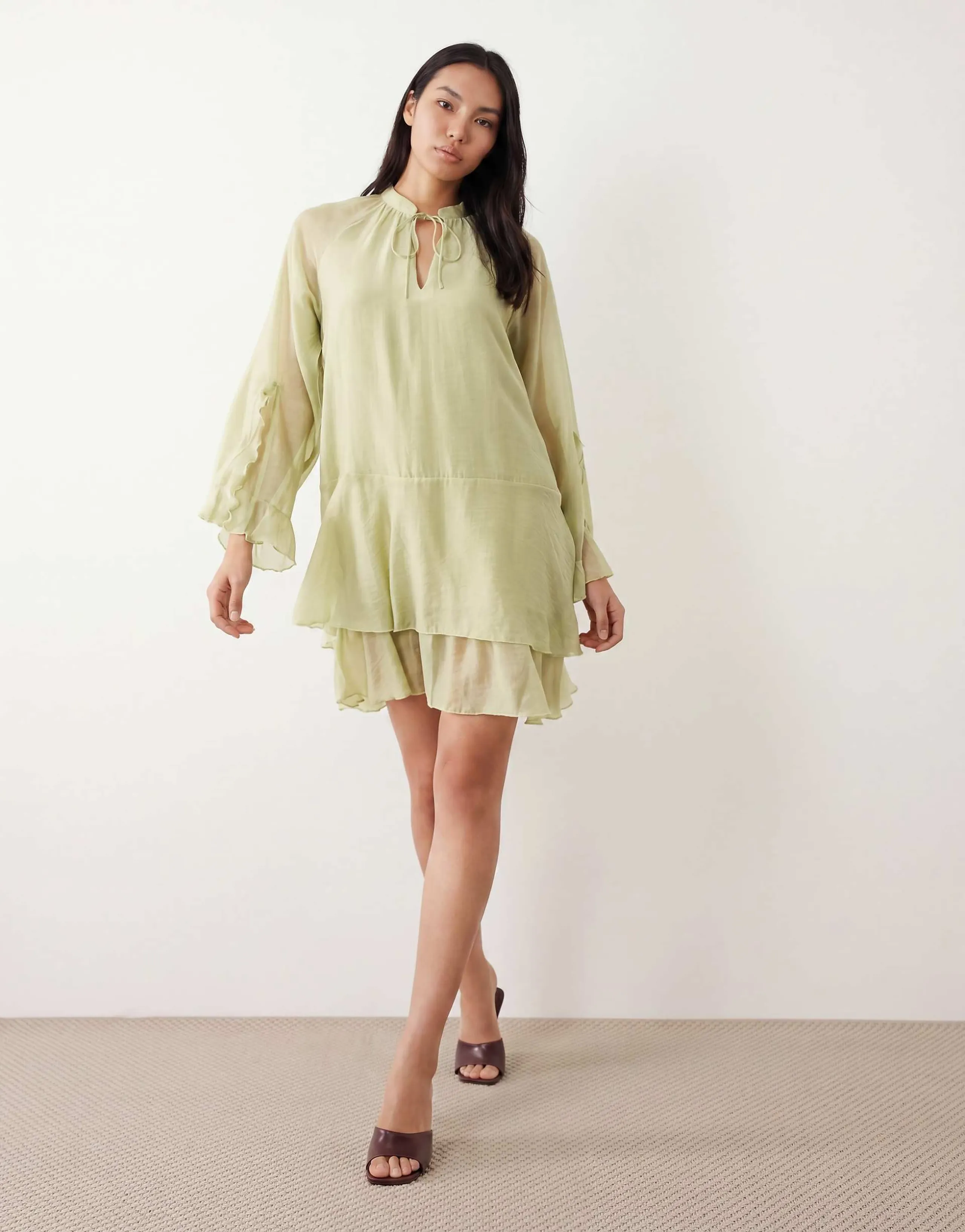 YAS tie front long sleeve boho mini dress in winter green