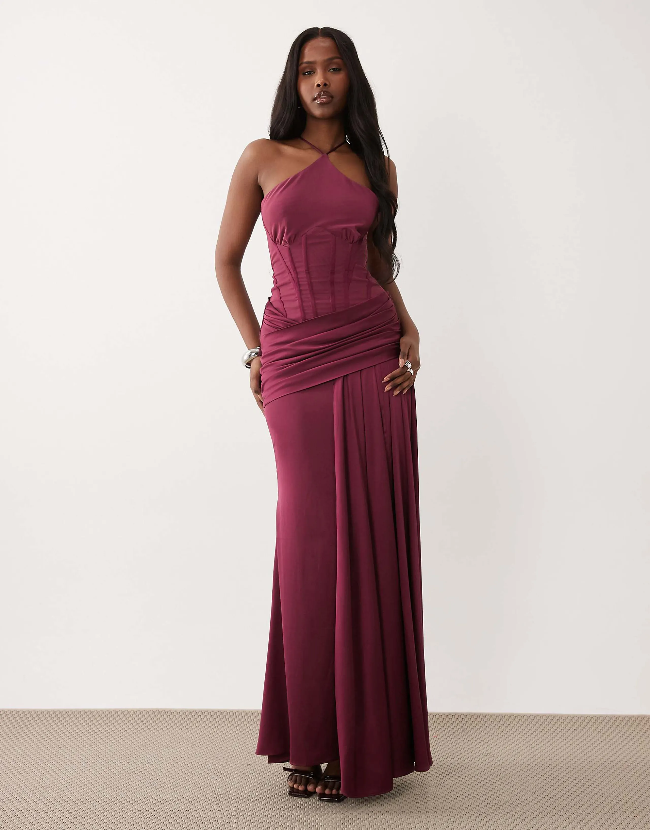 ASOS DESIGN Premium halterneck corset fishtail maxi dress with drape detail in plum