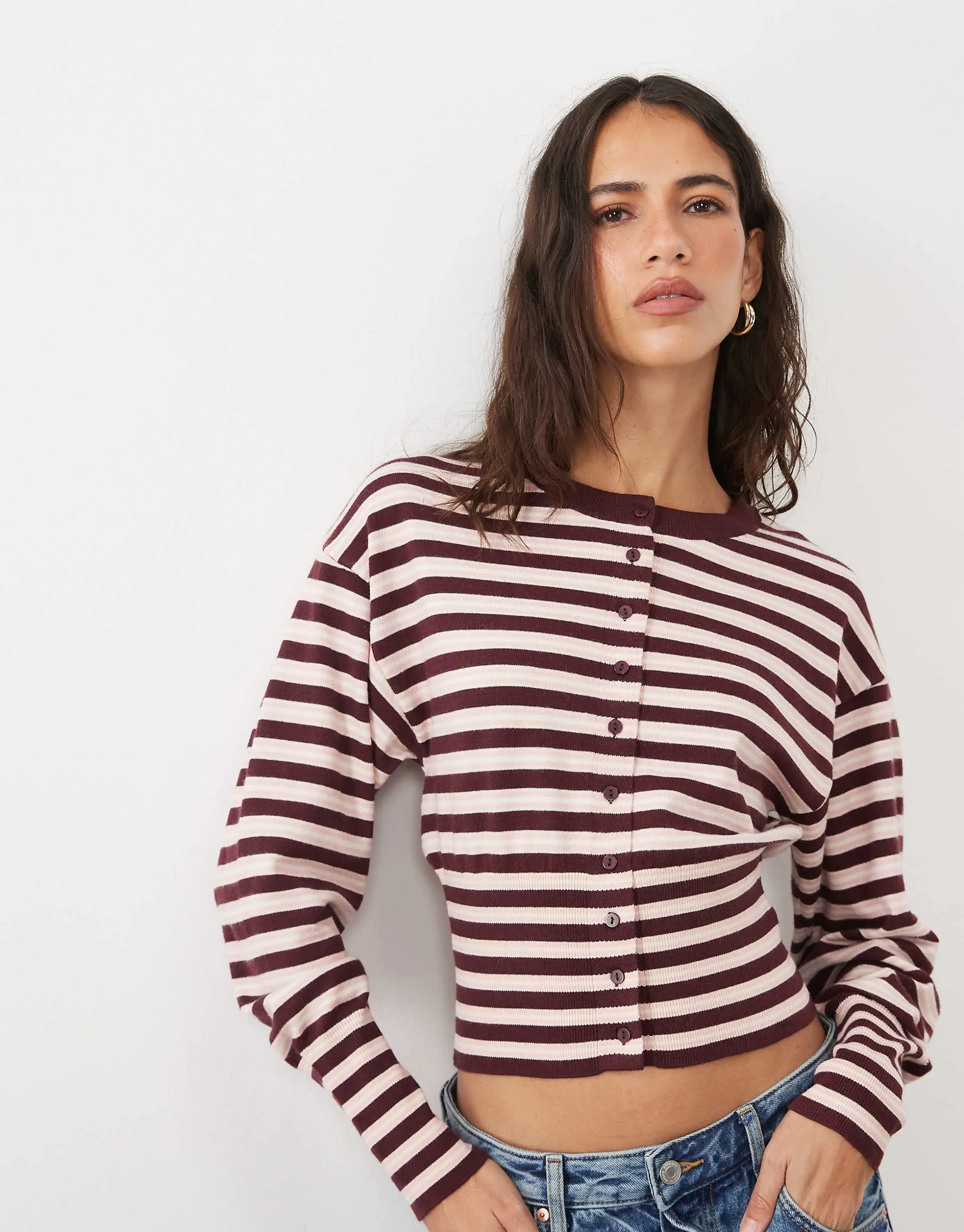Cotton On Sara button down cardigan in dark oak stripe