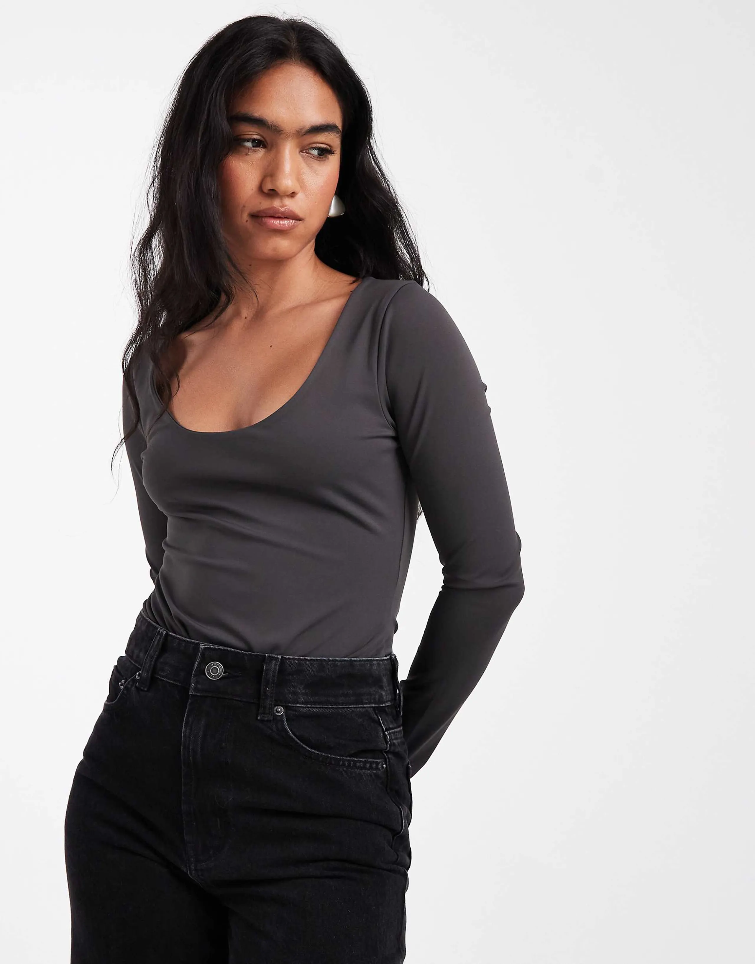 ASOS DESIGN sculpting scoop neck long sleeve bodysuit in charcoal