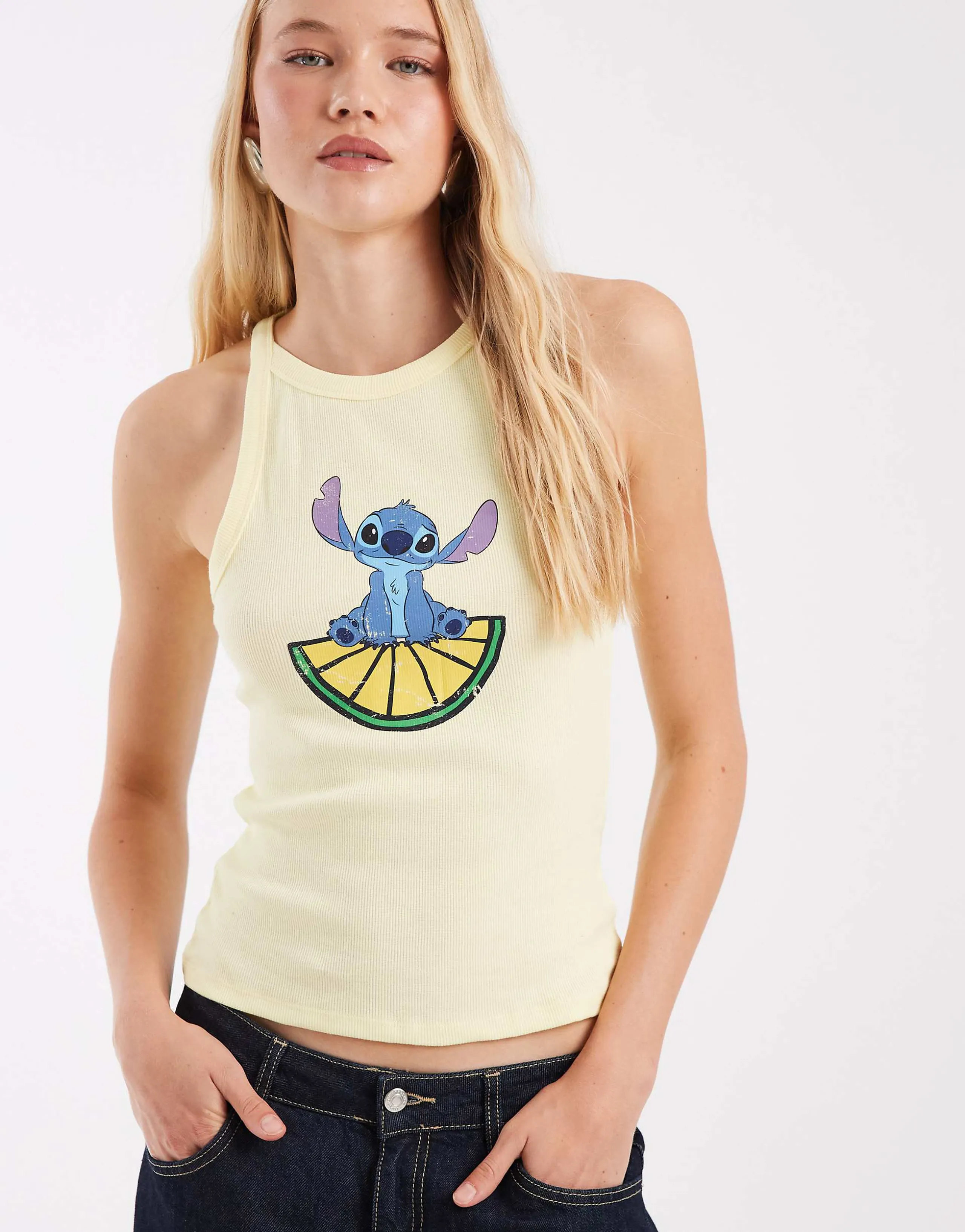 ASOS DESIGN Disney tank top with Stitch lemon print in yellow