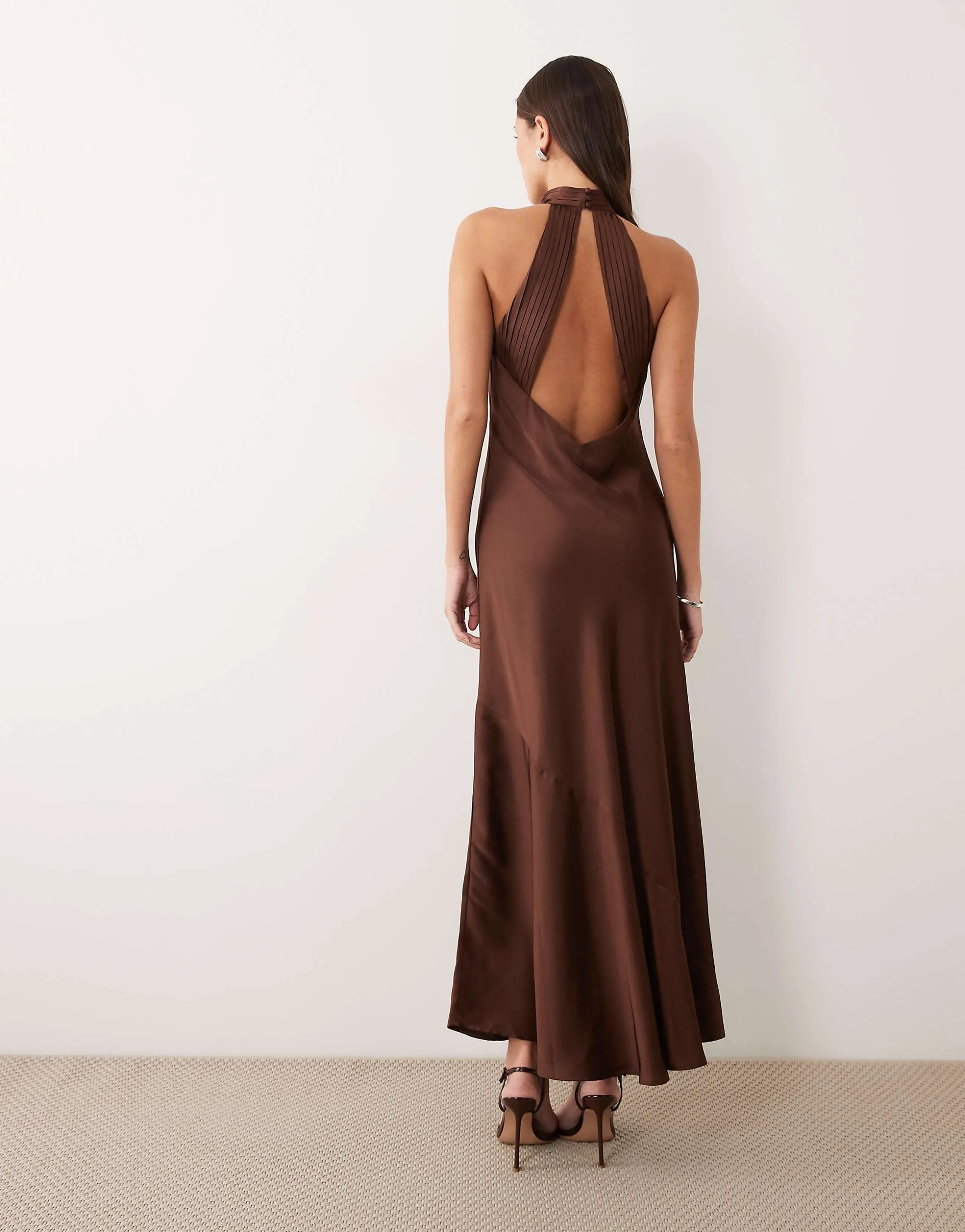 VILA halterneck backless satin maxi dress in chocolate brown