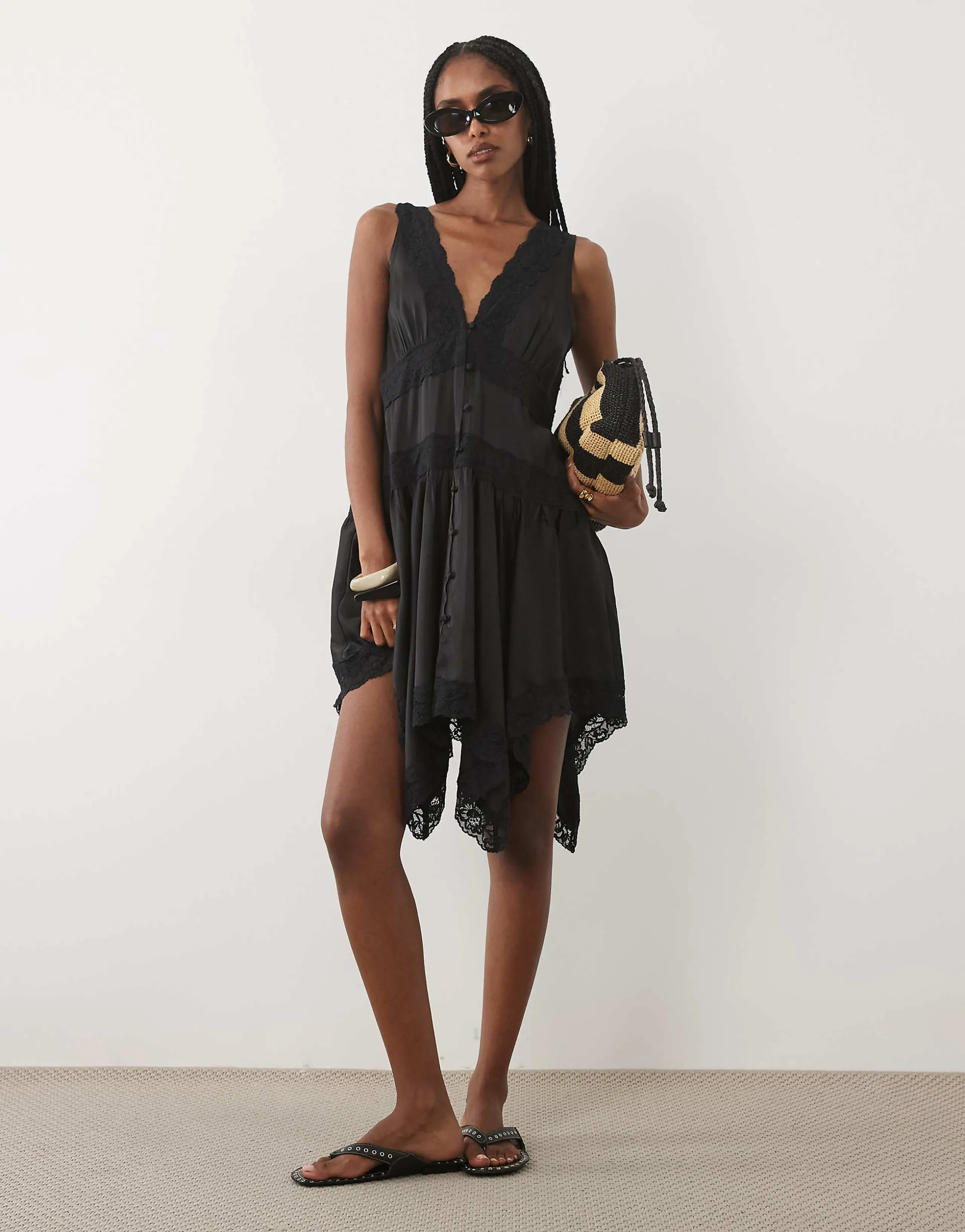 Miss Selfridge handkerchief hem satin mini dress with lace inserts in black