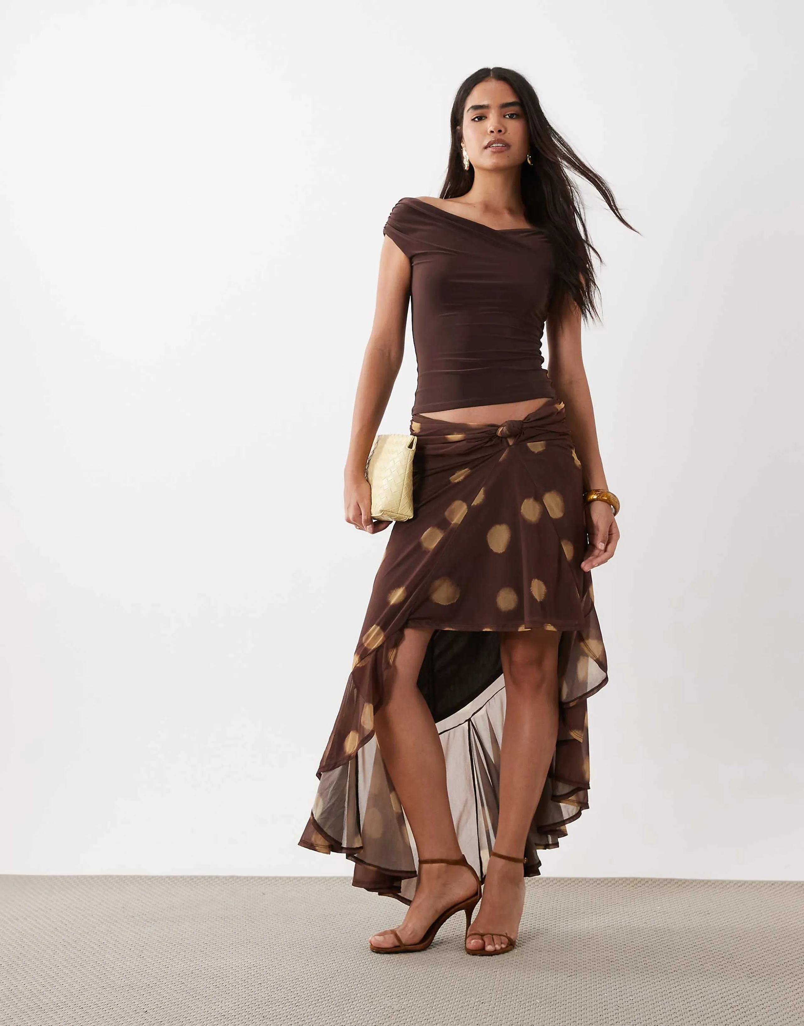 ASOS DESIGN asymmetric wrap around printed sarong skirt in brown polka dots