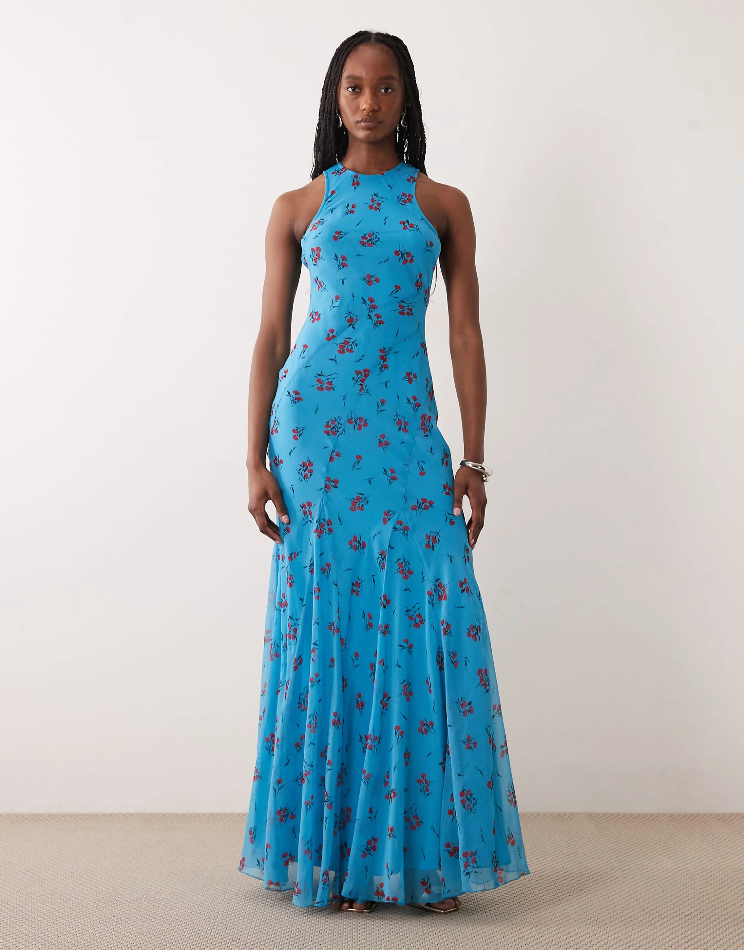 ASOS DESIGN Tall racer neck bias maxi dress with godet hem in blue floral print