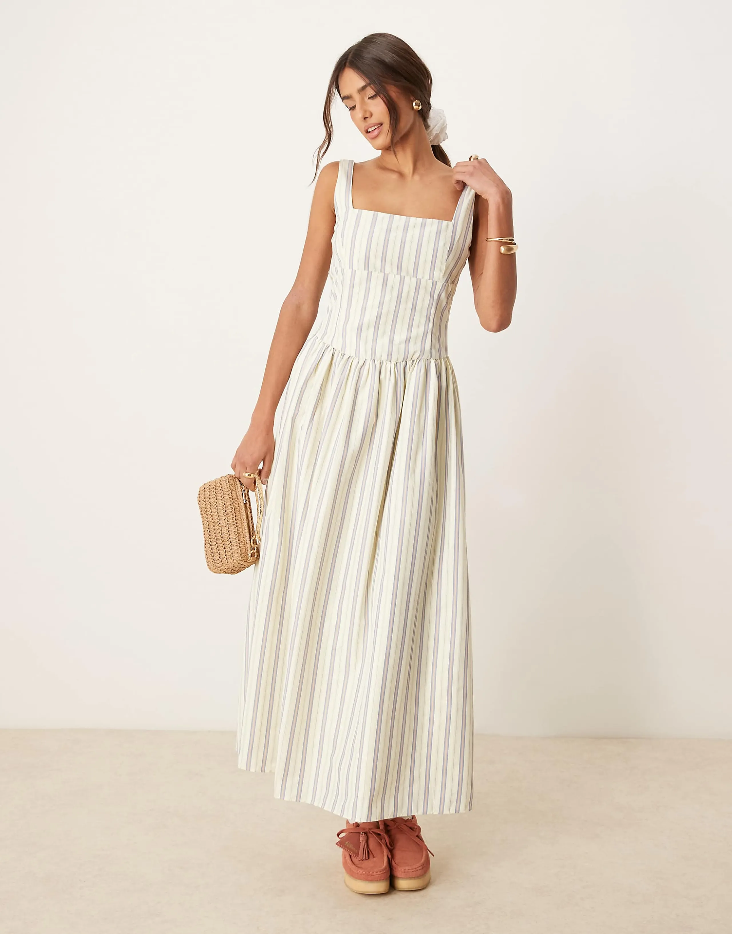 Glamorous square neck drop waist midaxi dress in white stripe 