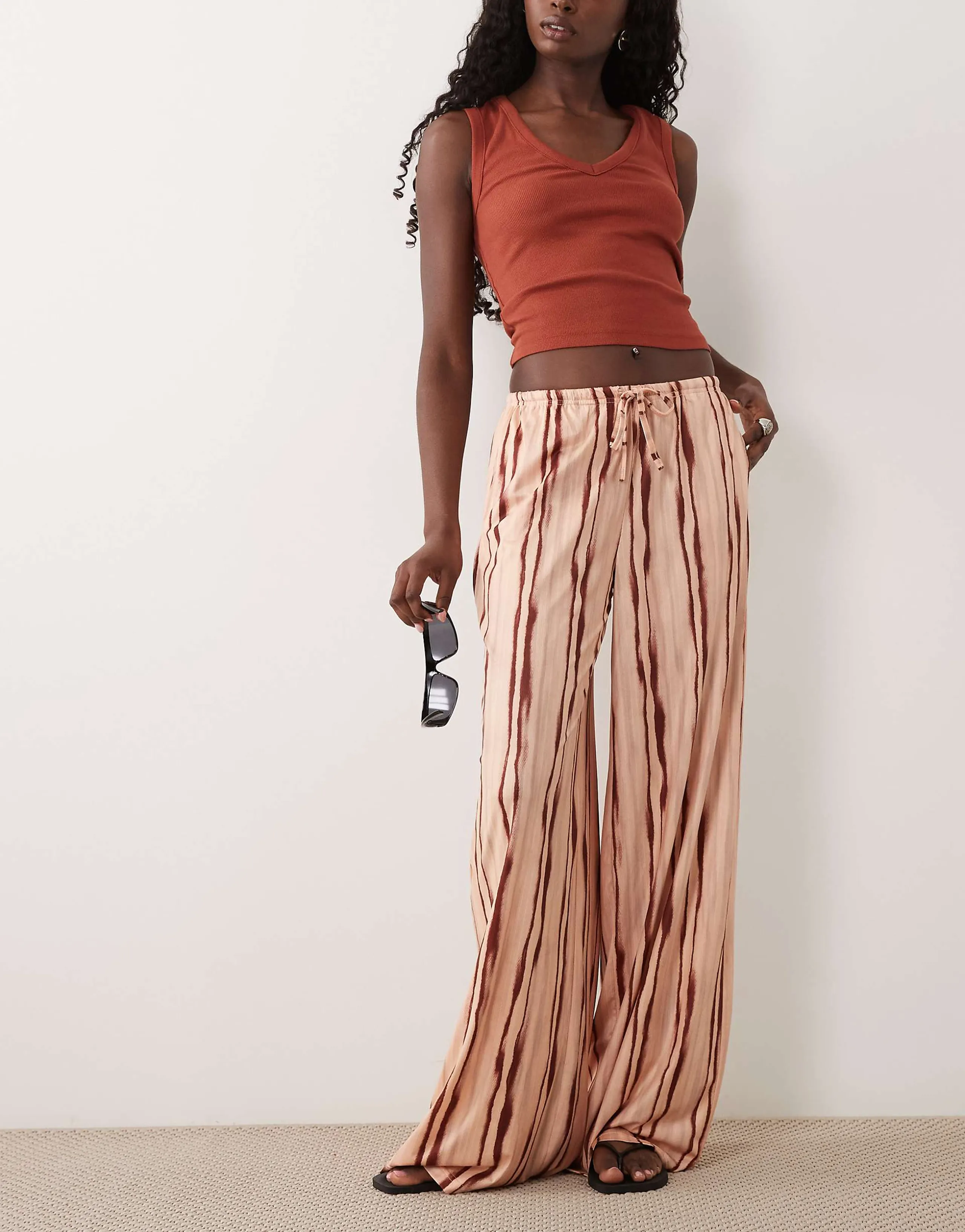 Missyempire soft floaty wide leg drawstring pants in beige and maroon stripes