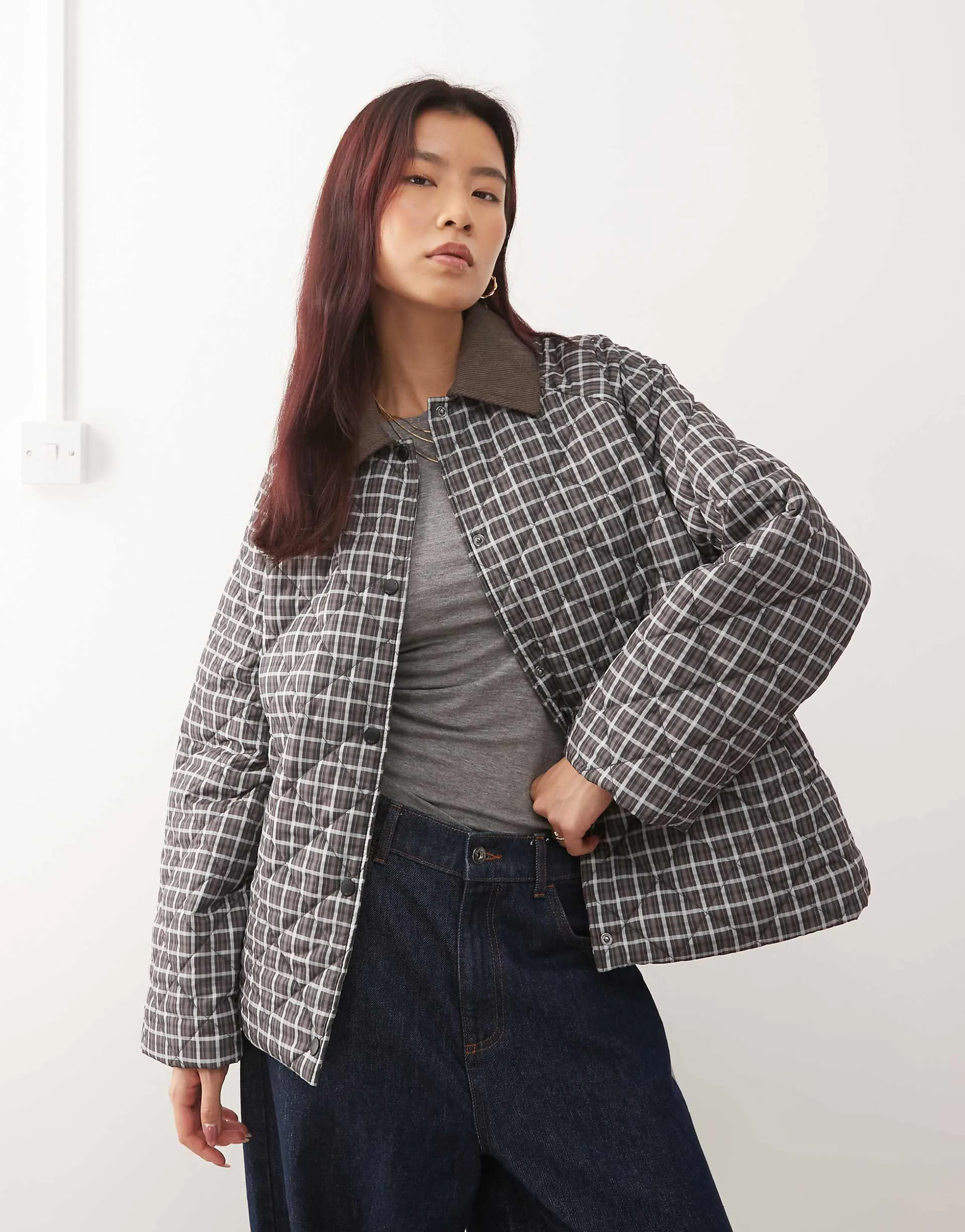 Noisy May quilted plaid jacket in brown
